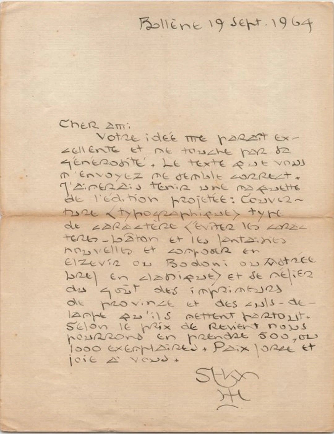 Lanza del Vasto - Lettre autographe signée adressée Mr...