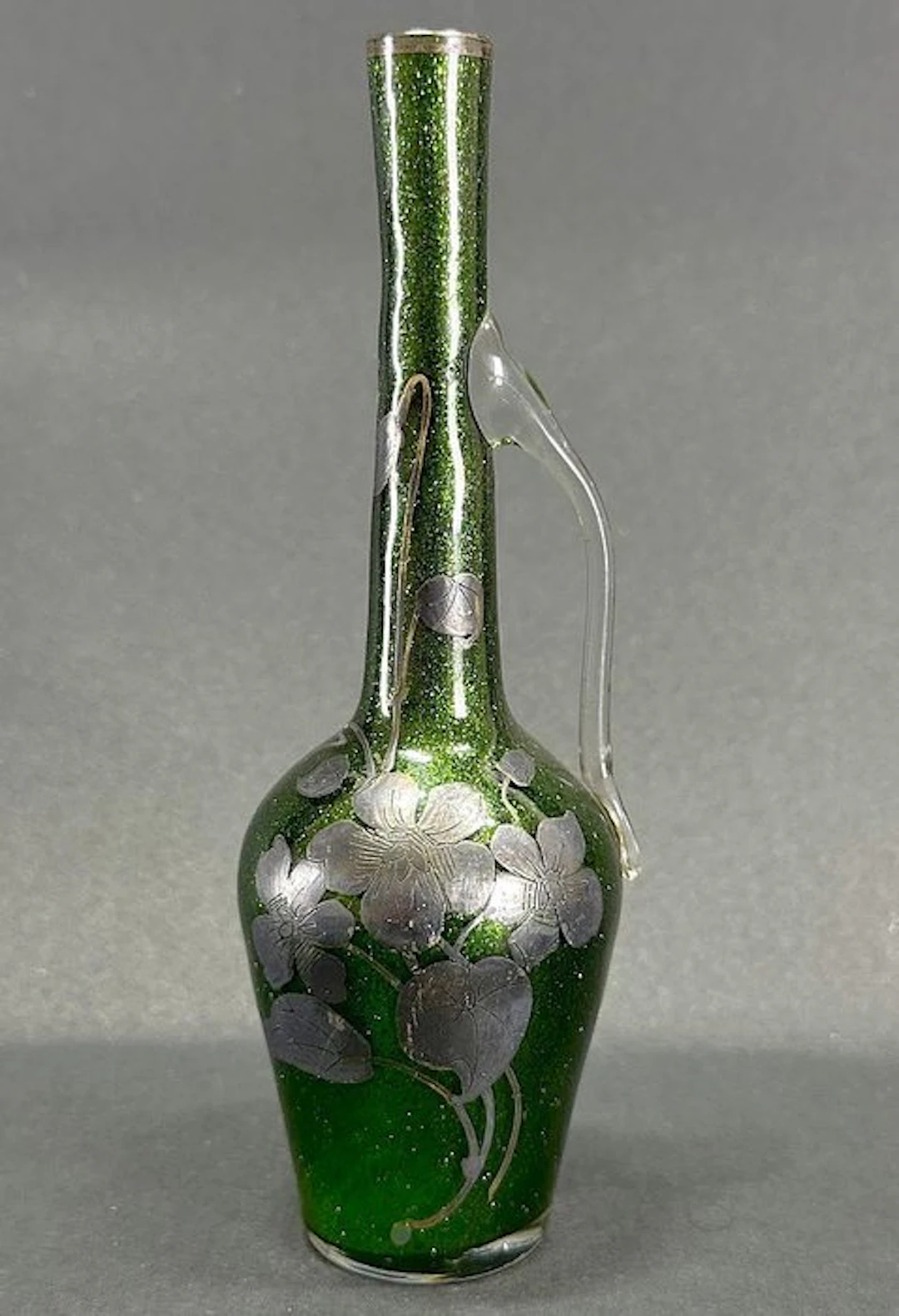 Vaso Art Nouveau Vetro Verde e Argento (Silver Overlay)...