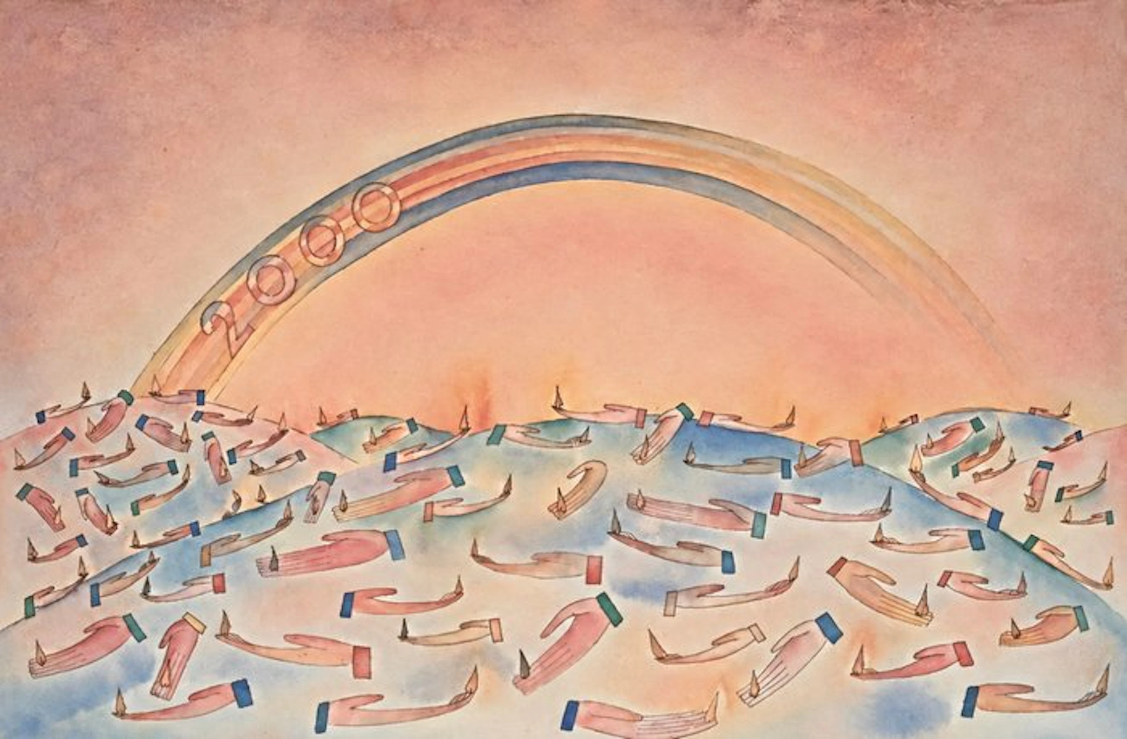 Jean-Michel Folon (1934-2005) - La chute des mains à l'arc-en-ciel · An 2000