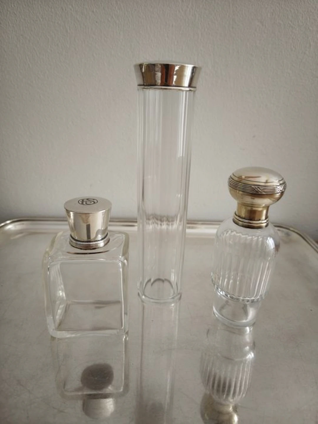 Cosmetic flask (3) - 2 flasks and 1 toiletry case with a solid silver mount