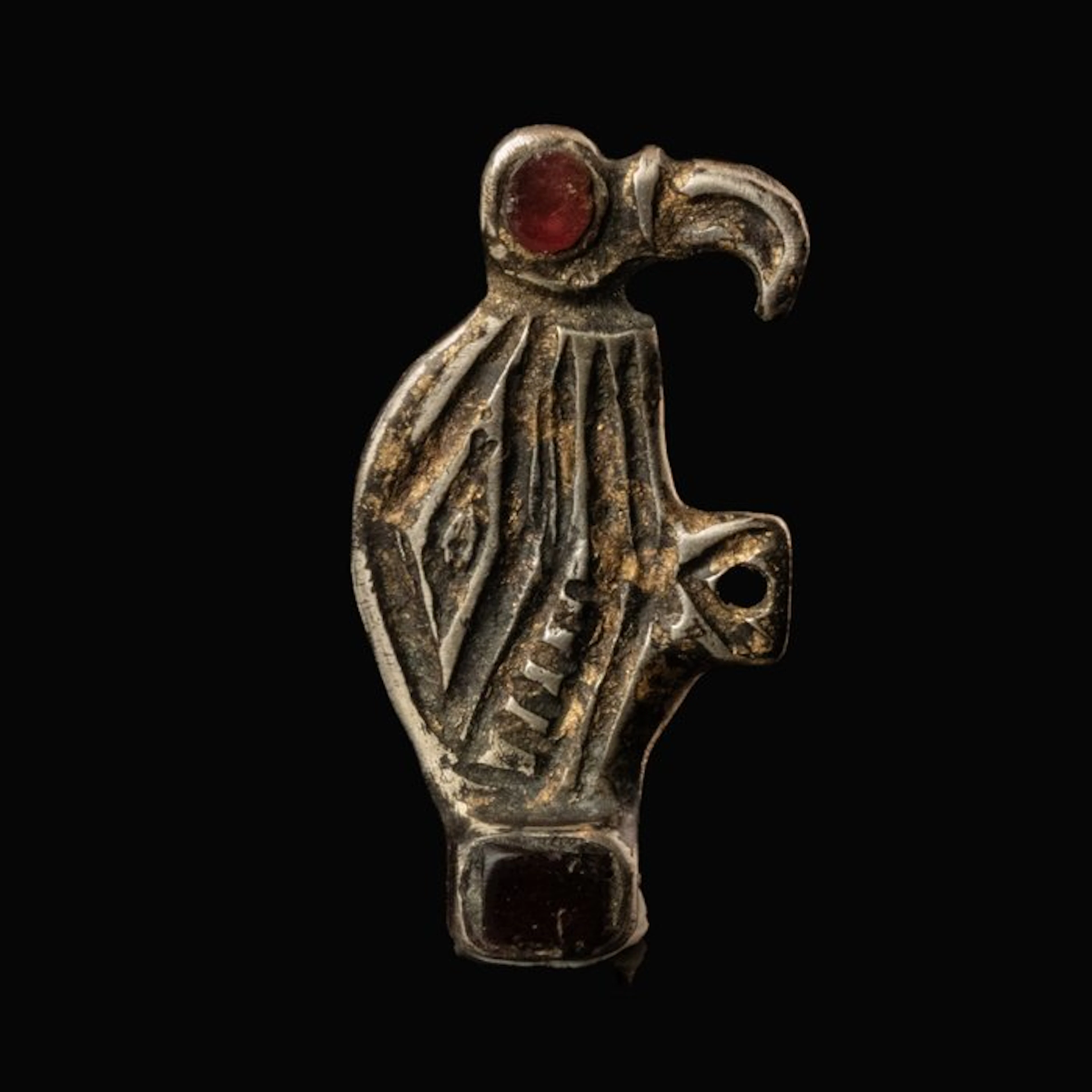 Early medieval Fibula, Frankish Merovingian Raven Brooch with Garnet Inlays