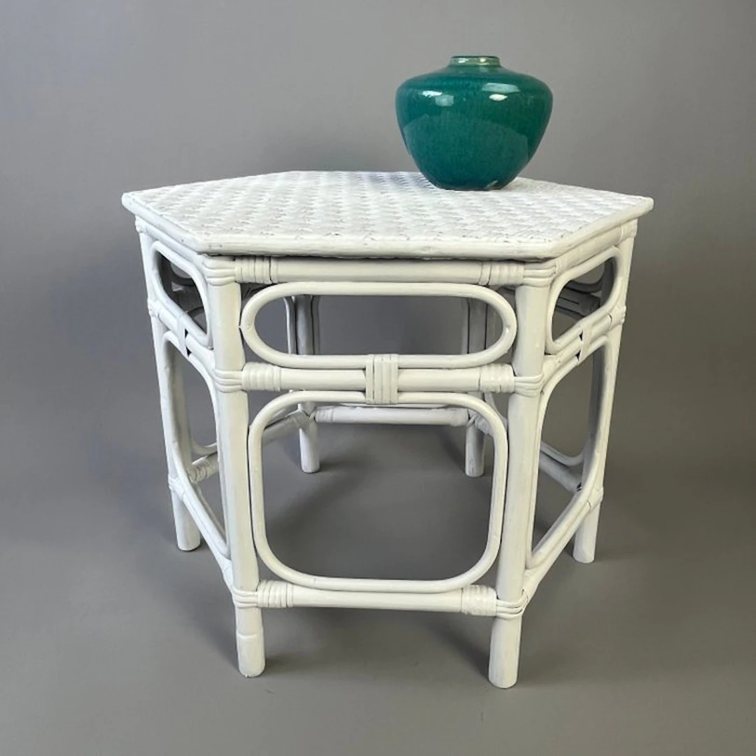 Side table - Vintage - White painted Rattan & cane Hexagonal side