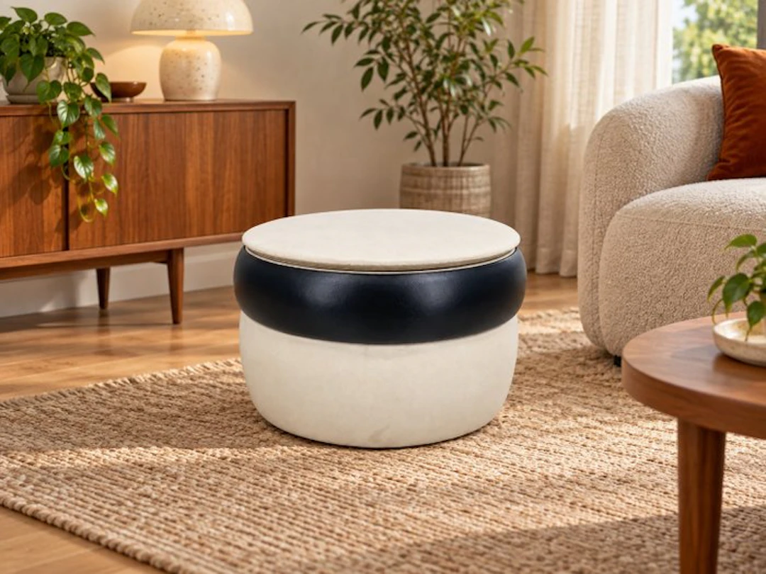 schitterende vintage naai poef opbergbox - Pouffe - Wood, skai