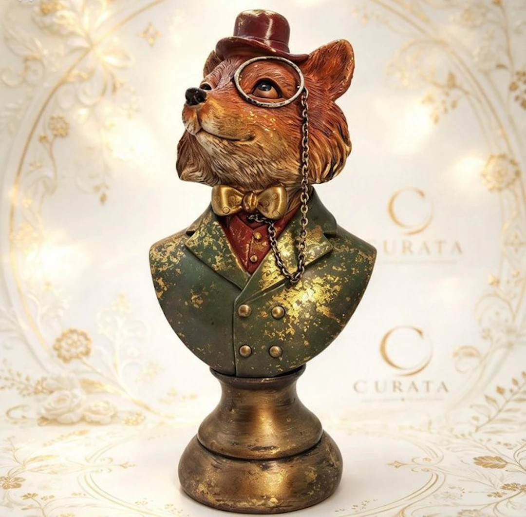 Figurine - Busto Decorativo di Volpe in Resina con Monocolo e Cappello - Resin