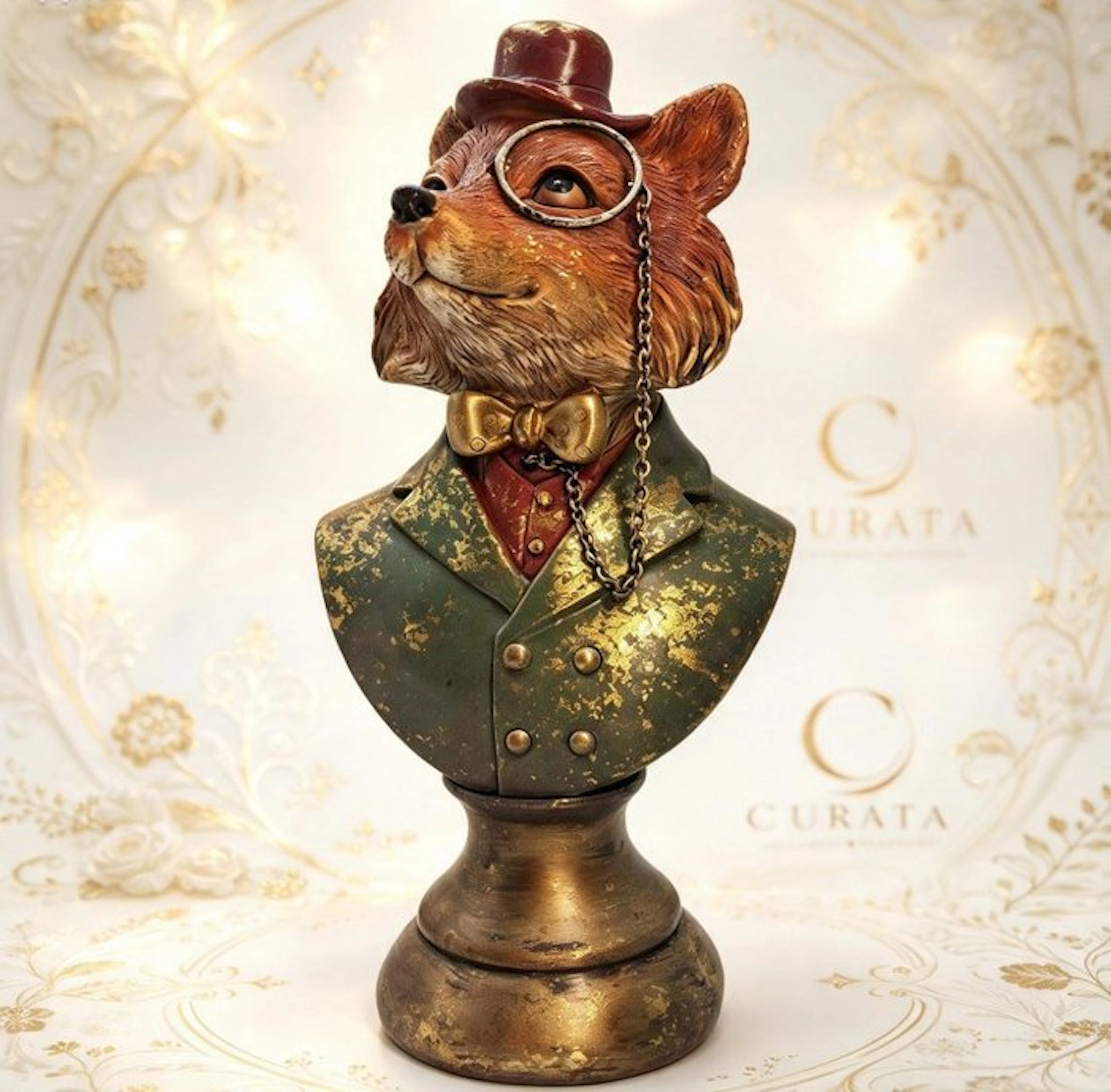 Figurine - Busto Decorativo di Volpe in Resina con Monocolo e Cappello - Resin