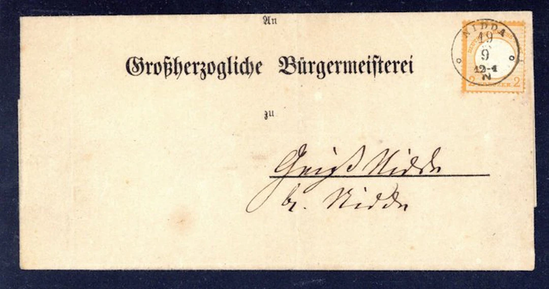 Tyska riket 1868 - 2 Kr., ett väl räfflat kabinettsknotigt stycke med centrisk K1 ”Nidda” på ett mittpositionerat brev - Michel 24