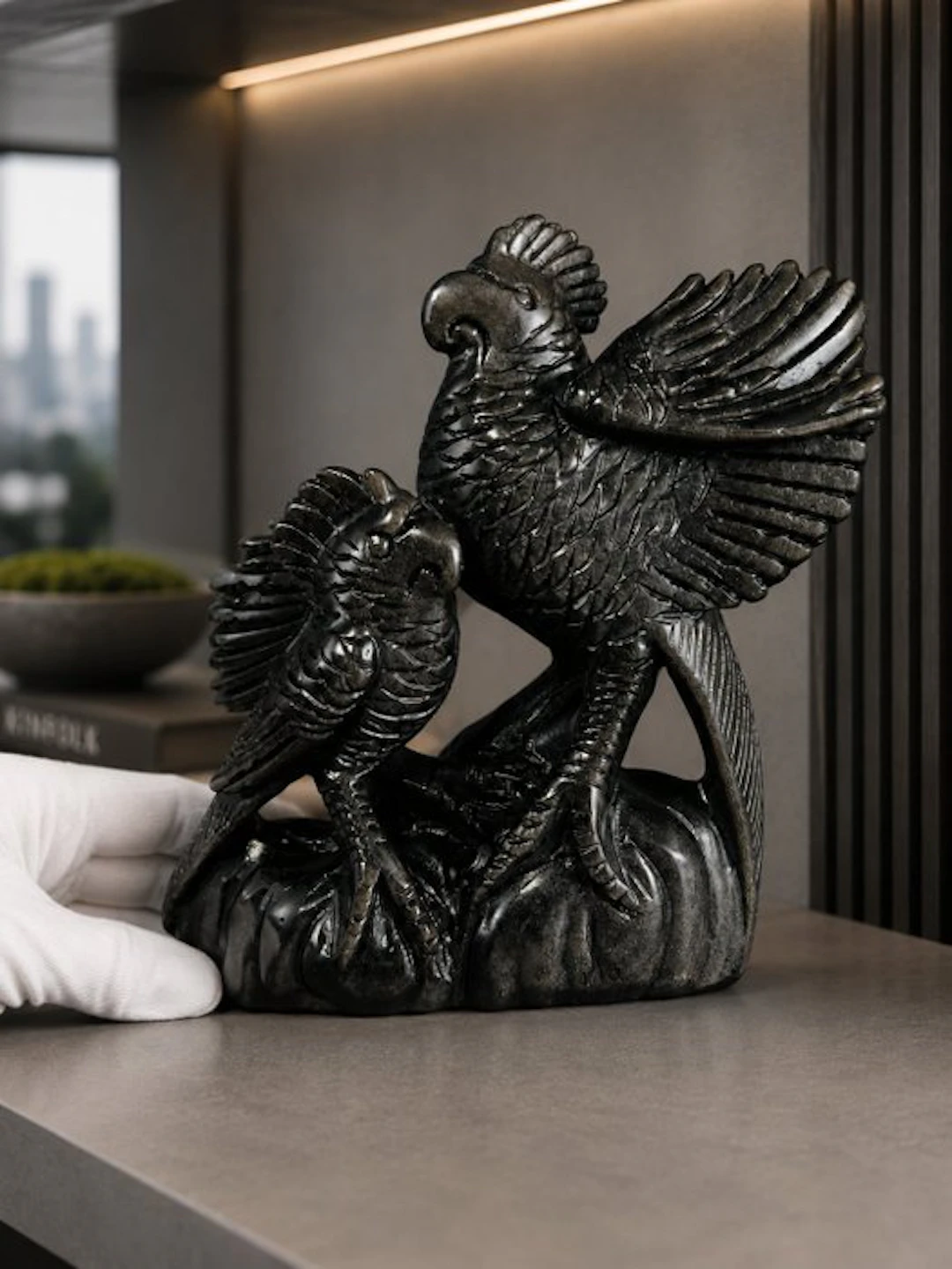Black Obsidian Parrot Couple Carving – Handcrafted with...