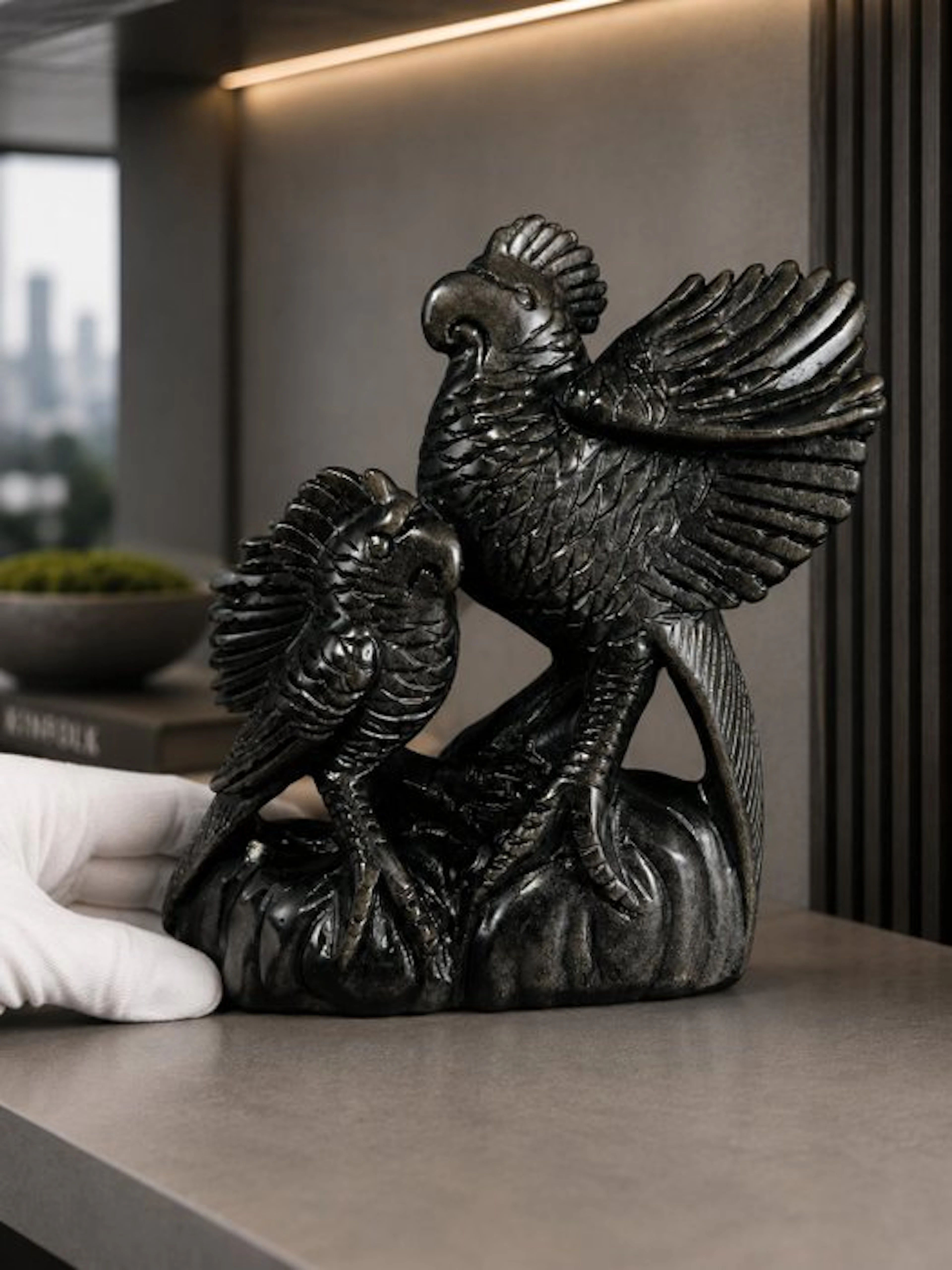 Black Obsidian Parrot Couple Carving – Handcrafted with...