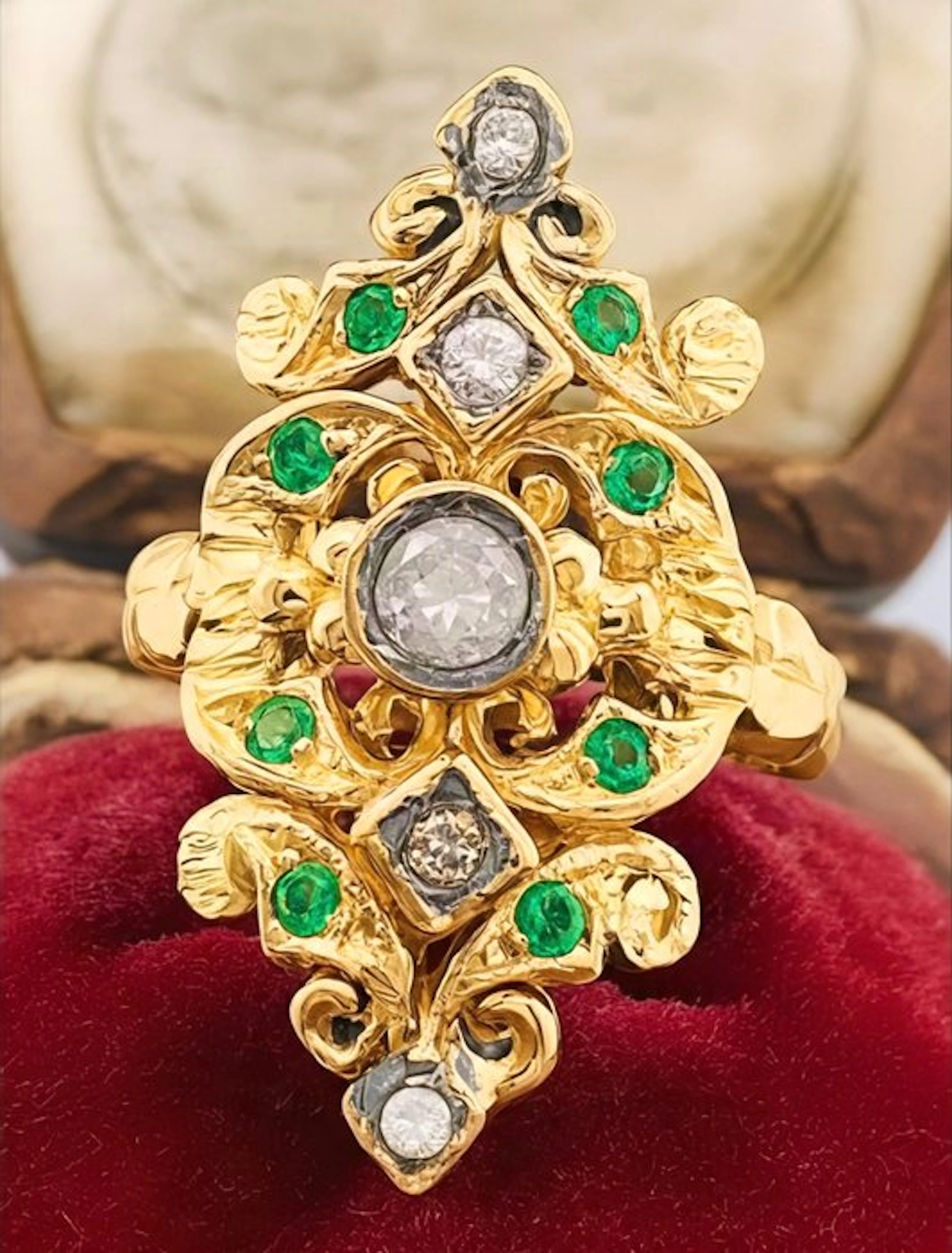 No reserve price - Ring - 9 kt. Yellow gold, Silver Diamond (Natural) - Emerald