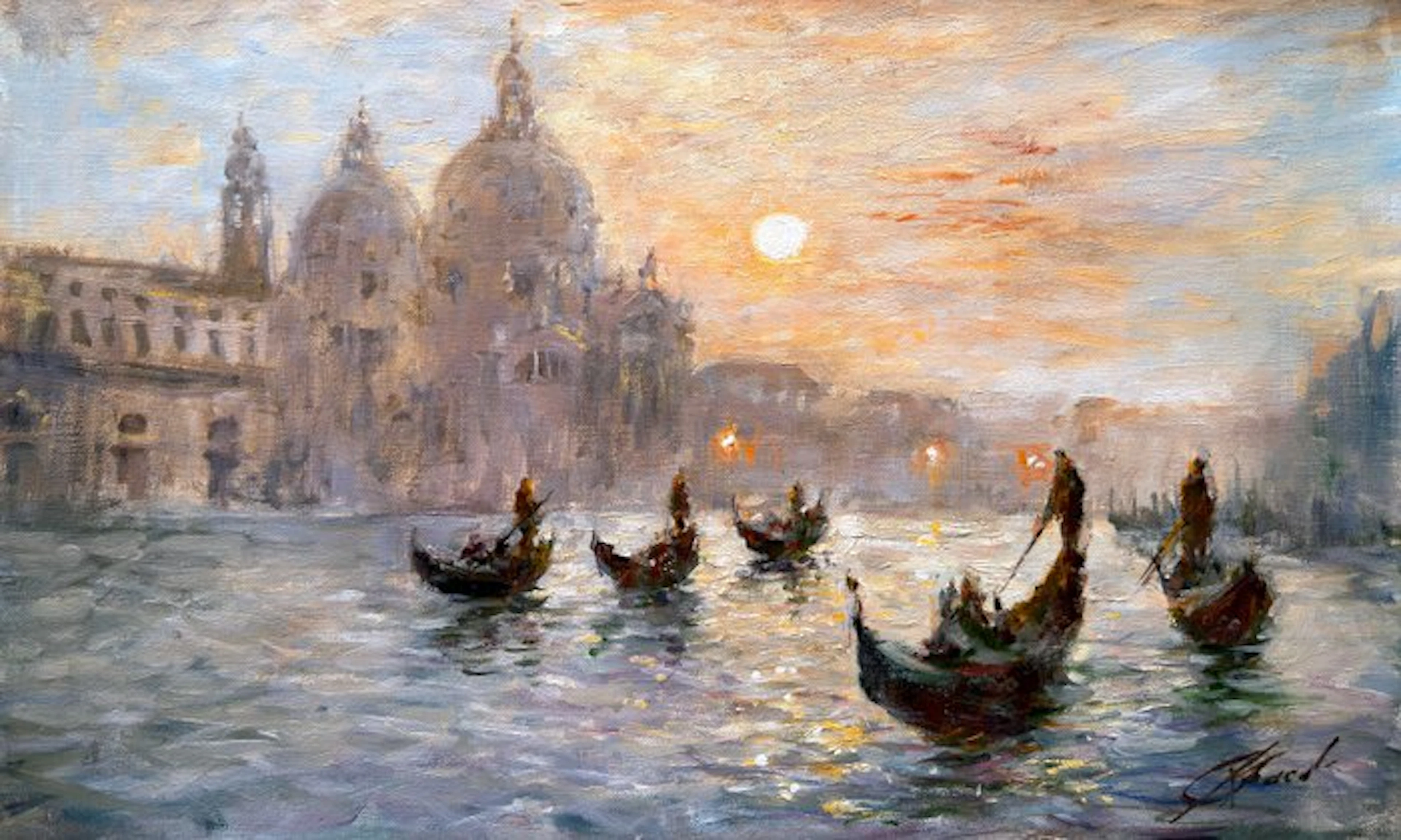 Mikhail Kraiev (1957) - Venise – Le Ballet des Gondoliers au Soleil Couchant