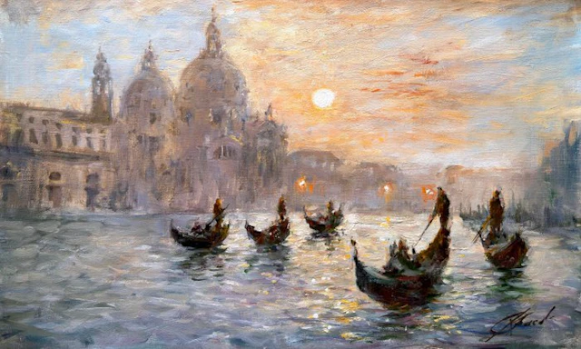 Mikhail Kraiev (1957) - Venise – Le Ballet des Gondoliers au Soleil Couchant