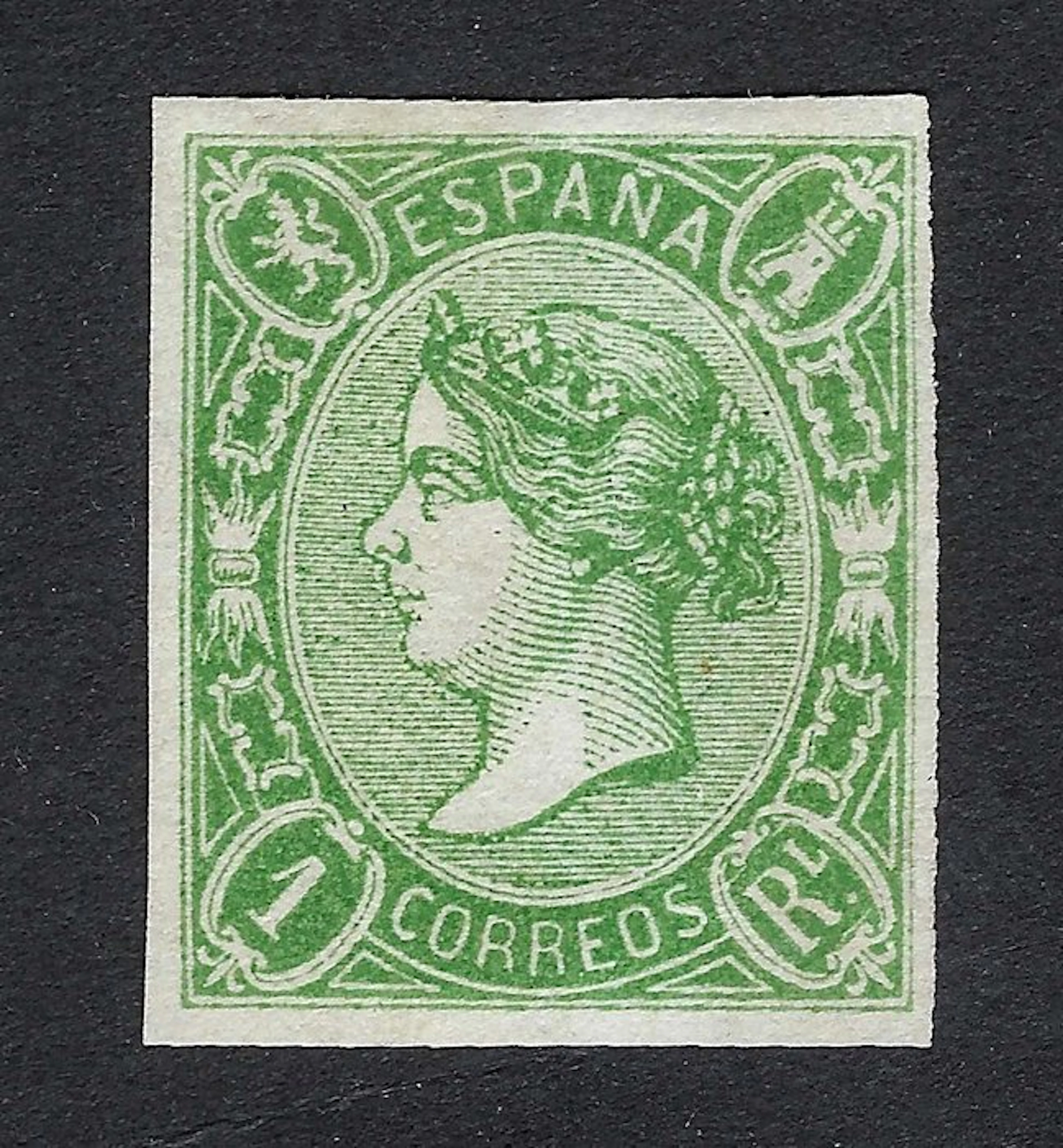 Spain 1865 - Isabel II 1 Real verde ensayo de color - Gálvez N. 349M