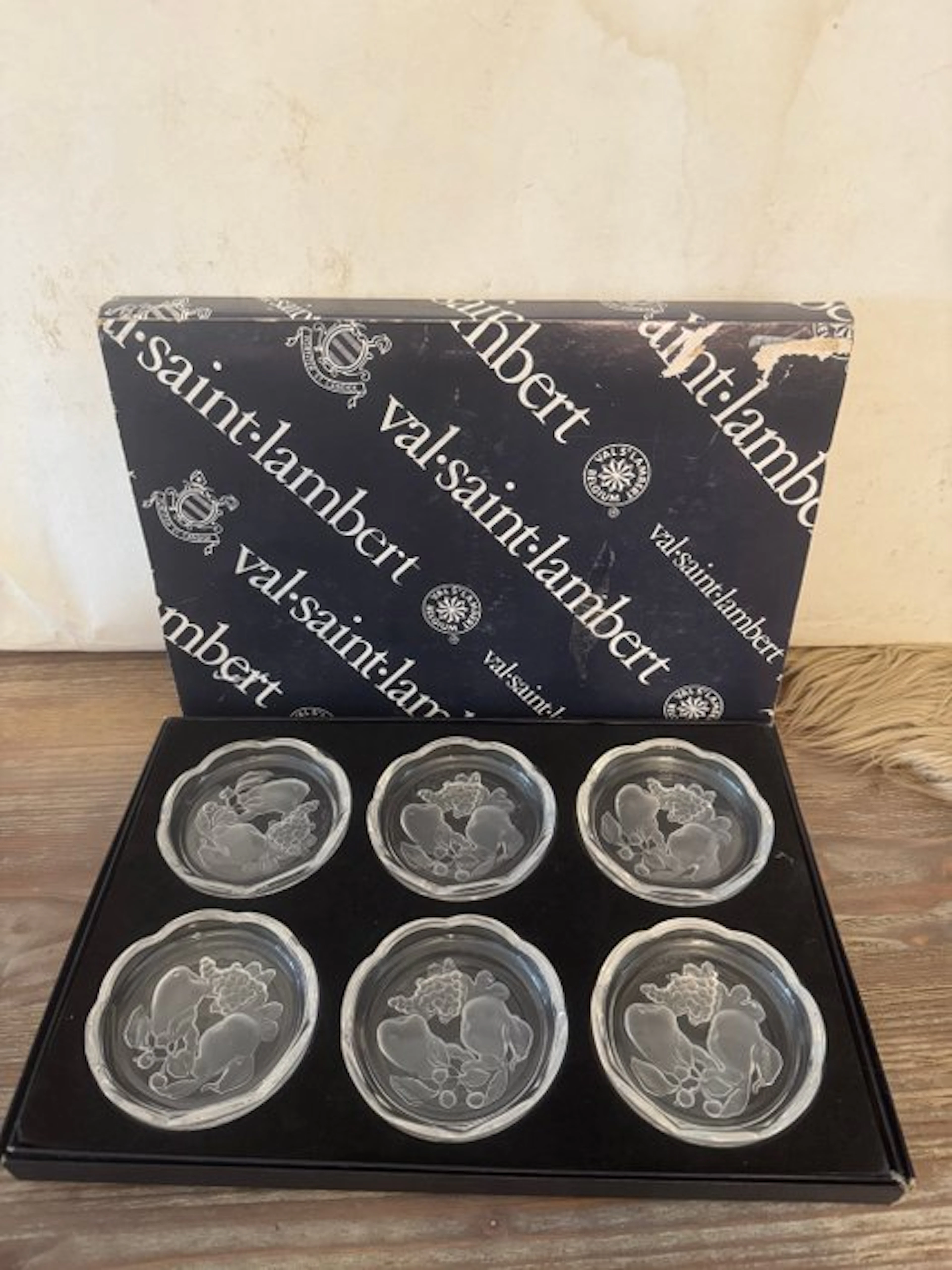 Val Saint Lambert - Coaster (6) - floral-decorated - Crystal - With box