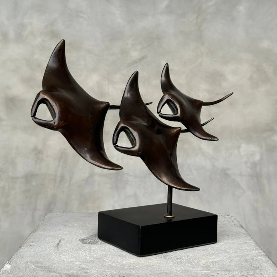 Sculpture, Bronze sculpture of a Manta Ray family - Bronze - 20 cm - Bronze