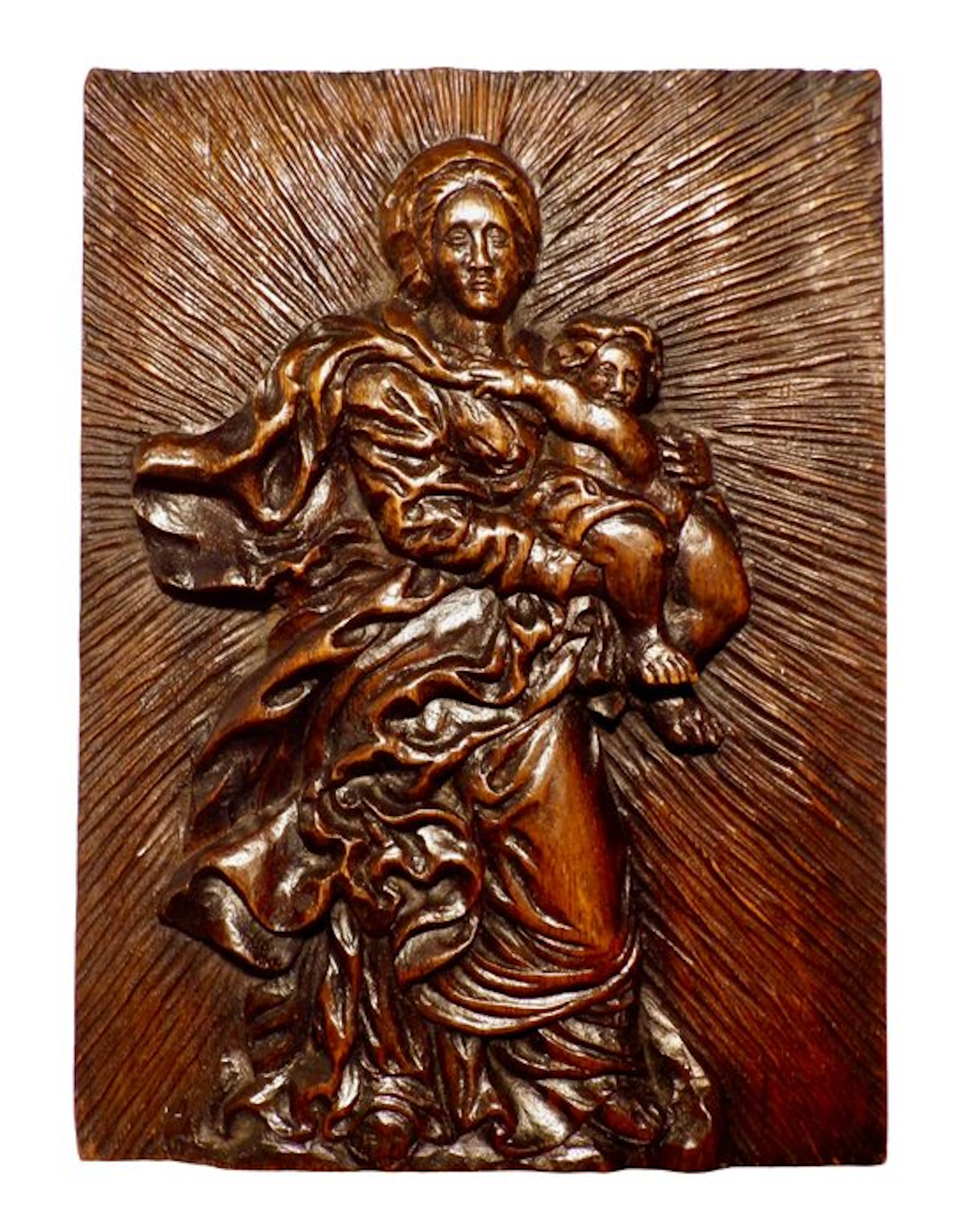 Block carving/ Relief, Vierge à l'Enfant rayonnante - 30 cm - Wood