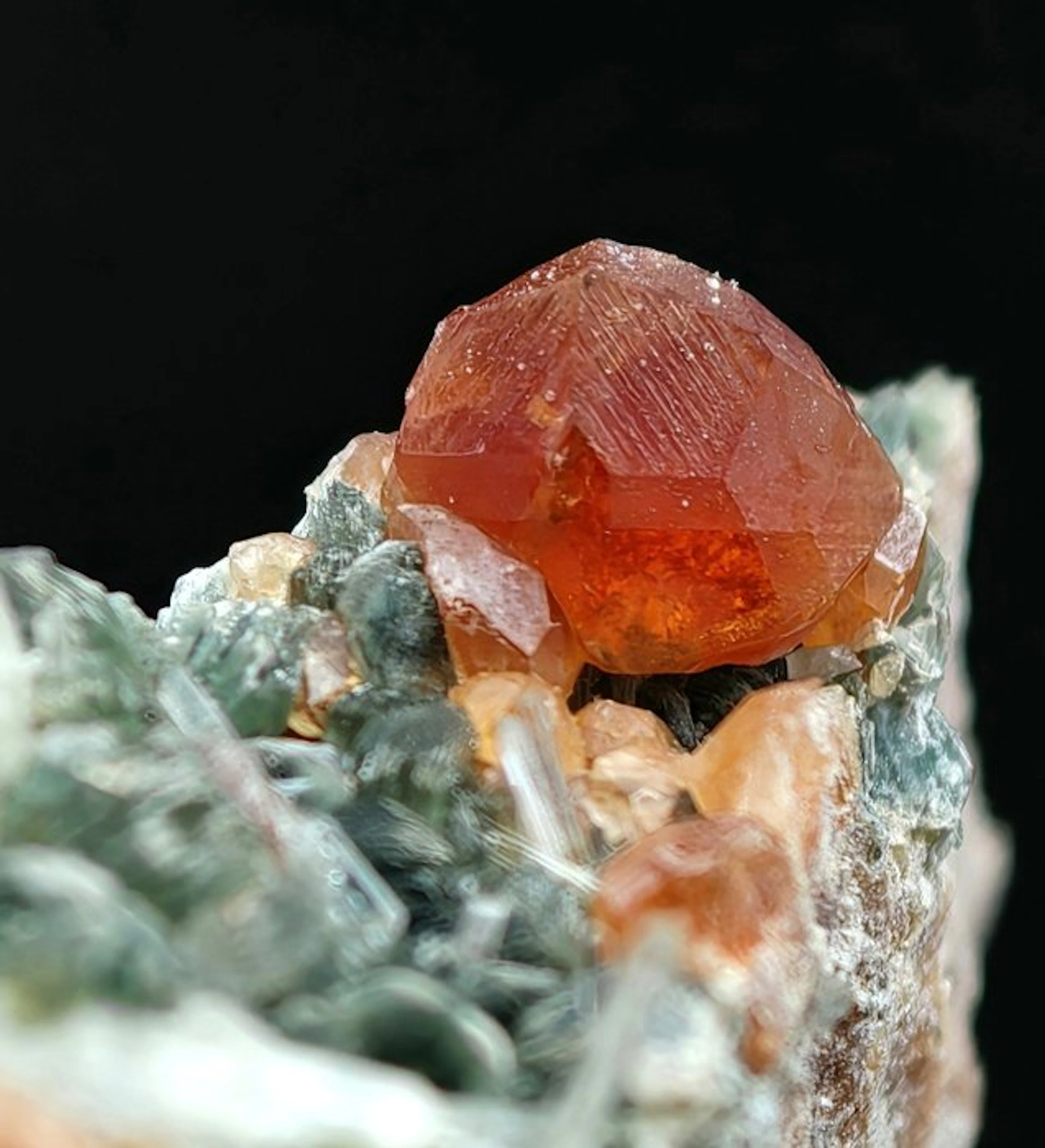 Orange grossular garnet aesthetic with green clinochlore...