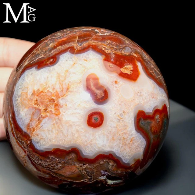 Polished Red Moss Agate Sphere with Geodes - Exquisite...