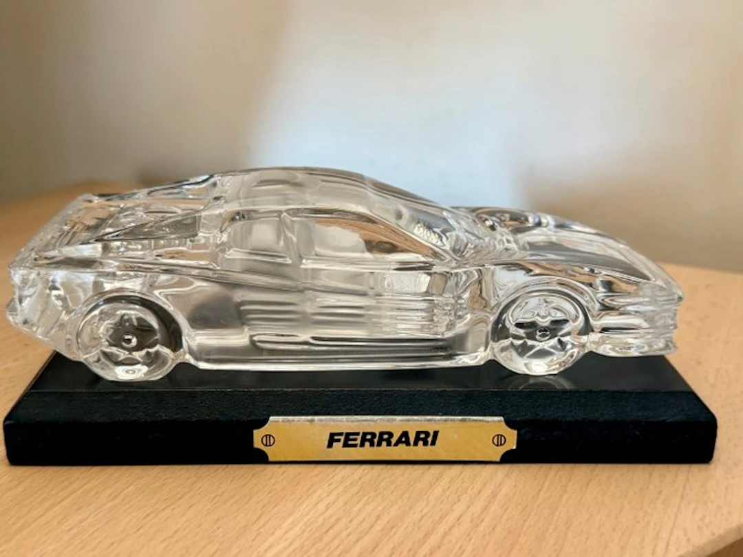 Decorative Ferrari Testarossa model in transparent glass on an 18
