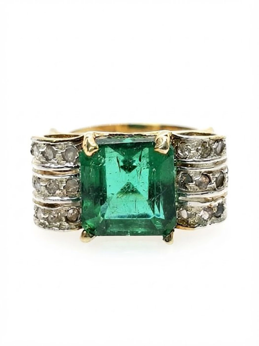No reserve price - Ring - 9 kt. Silver, Yellow gold Emerald - Diamond