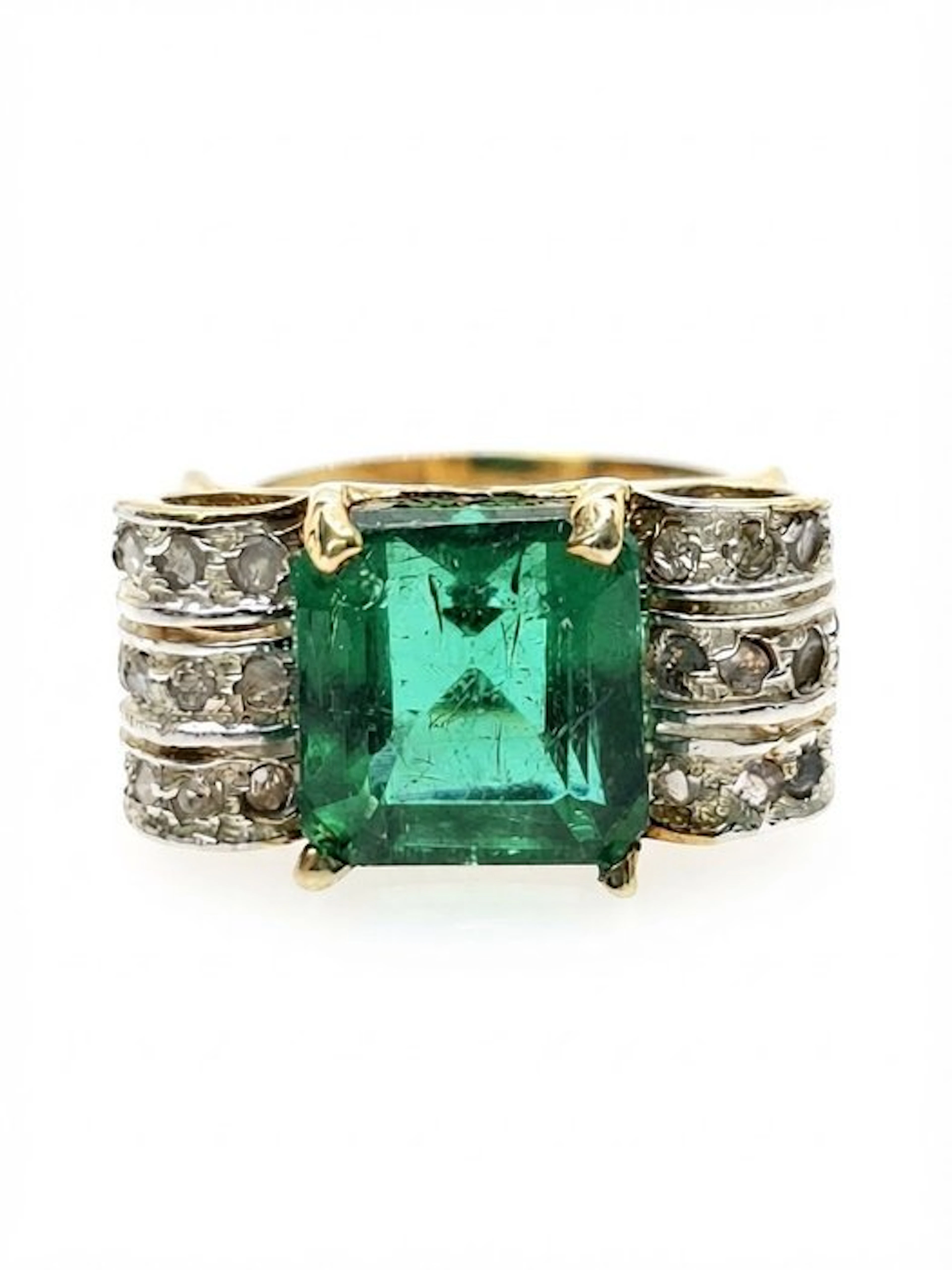 No reserve price - Ring - 9 kt. Silver, Yellow gold Emerald - Diamond