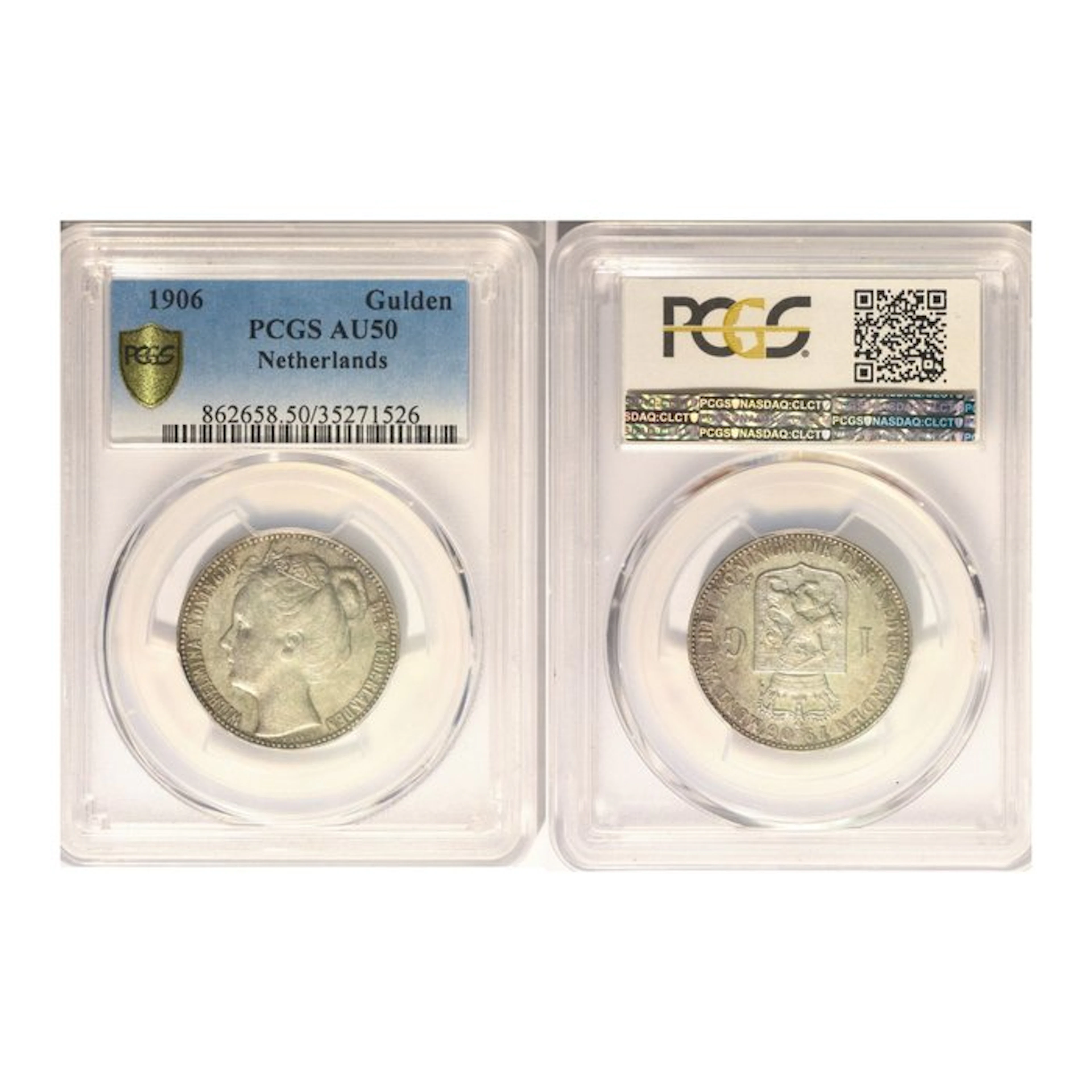 Netherlands. Wilhelmina. 1 Gulden 1906 ZELDZAAM in PCGS slab AU50