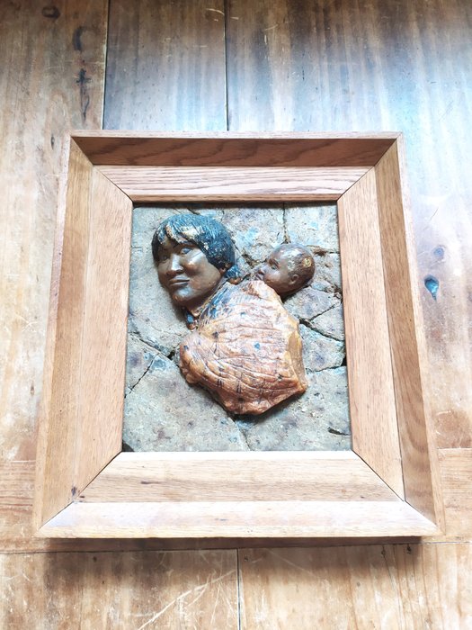 Ana Rupene with Child - framed kauri gum bust - Maori - New Zealand