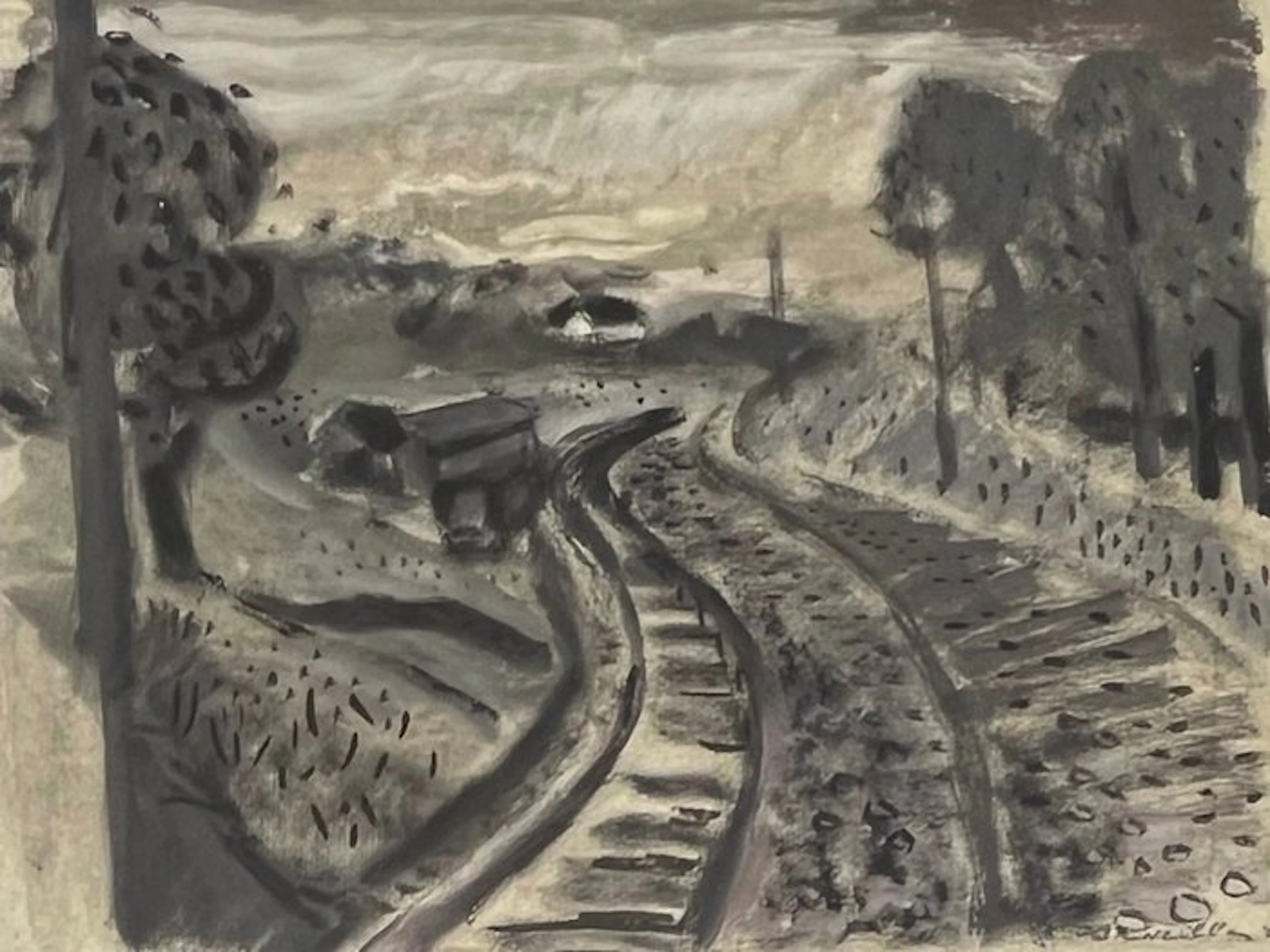 Corneille (1922-2010) - Gouache ancienne : Paysage le long du chemin de fer