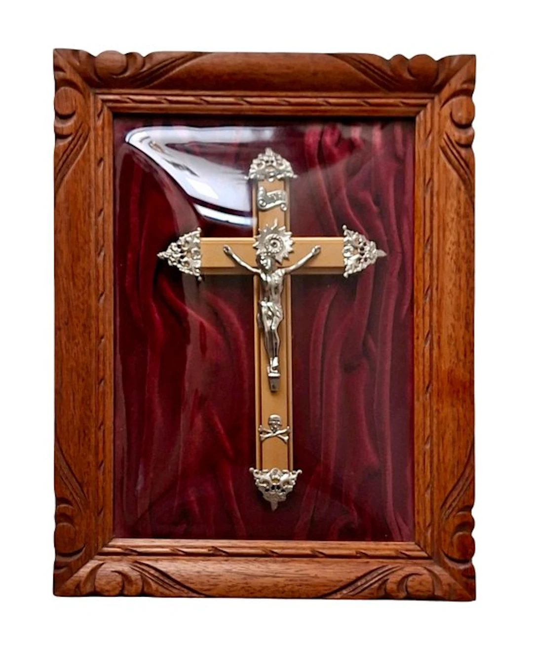Crucifix - Wood, Glass, Velvet - 1850-1900 - Antique convex devotional cabinet.