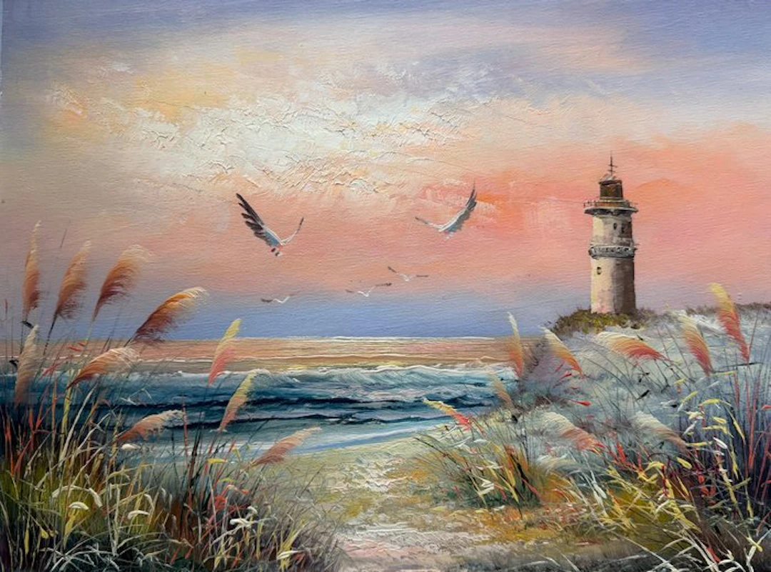 French school (XIX) - Le phare dans les dunes au coucher du solei