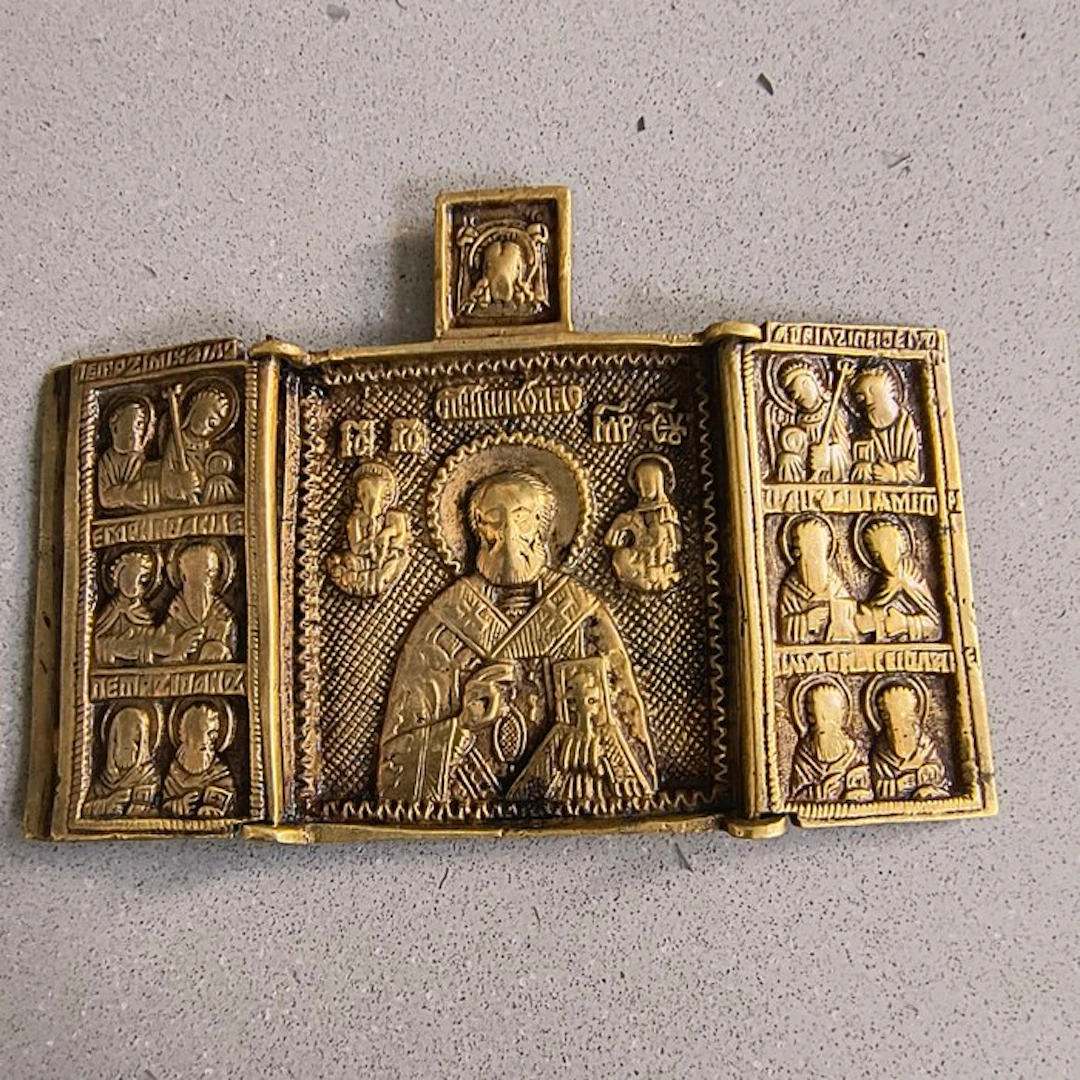 Icon - Nicholas the Wonderworker - Bronze - Antique Russian Triptych