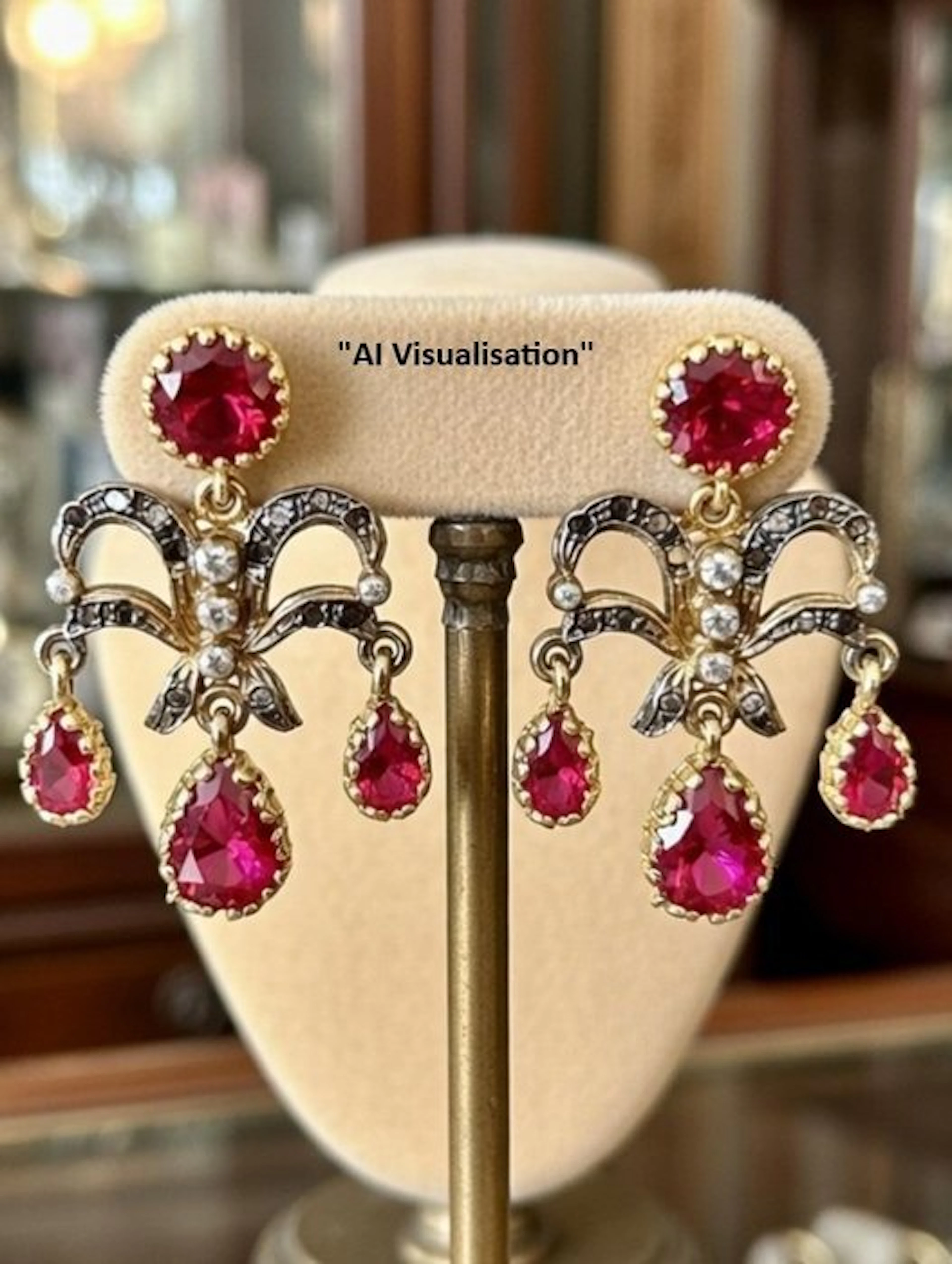 No reserve price - Earrings - 9 kt. Yellow gold, Silver Ruby - Diamond