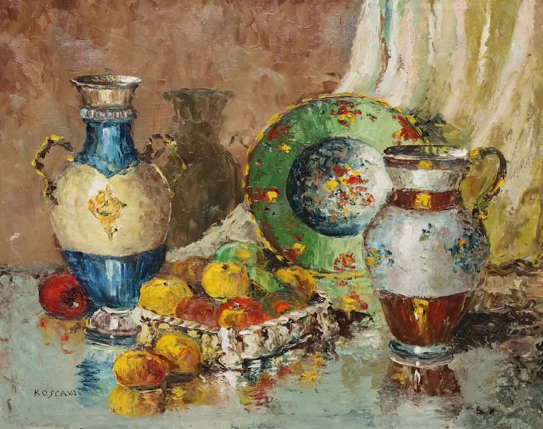 Enrique Koskaya (1901-1970) - Bodegón con cerámicas y frutas - NO RESERVE