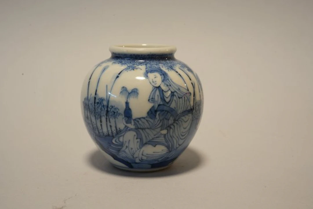 20th Century Blue and White Porcelain Jar with Guanyin and Attendant