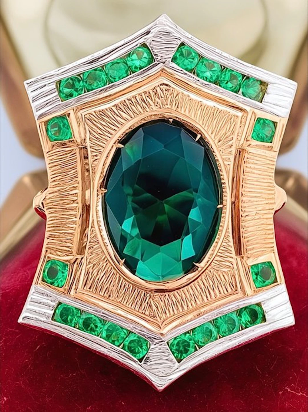 No reserve price - Ring - 9 kt. Rose gold, Silver Emerald - Emerald