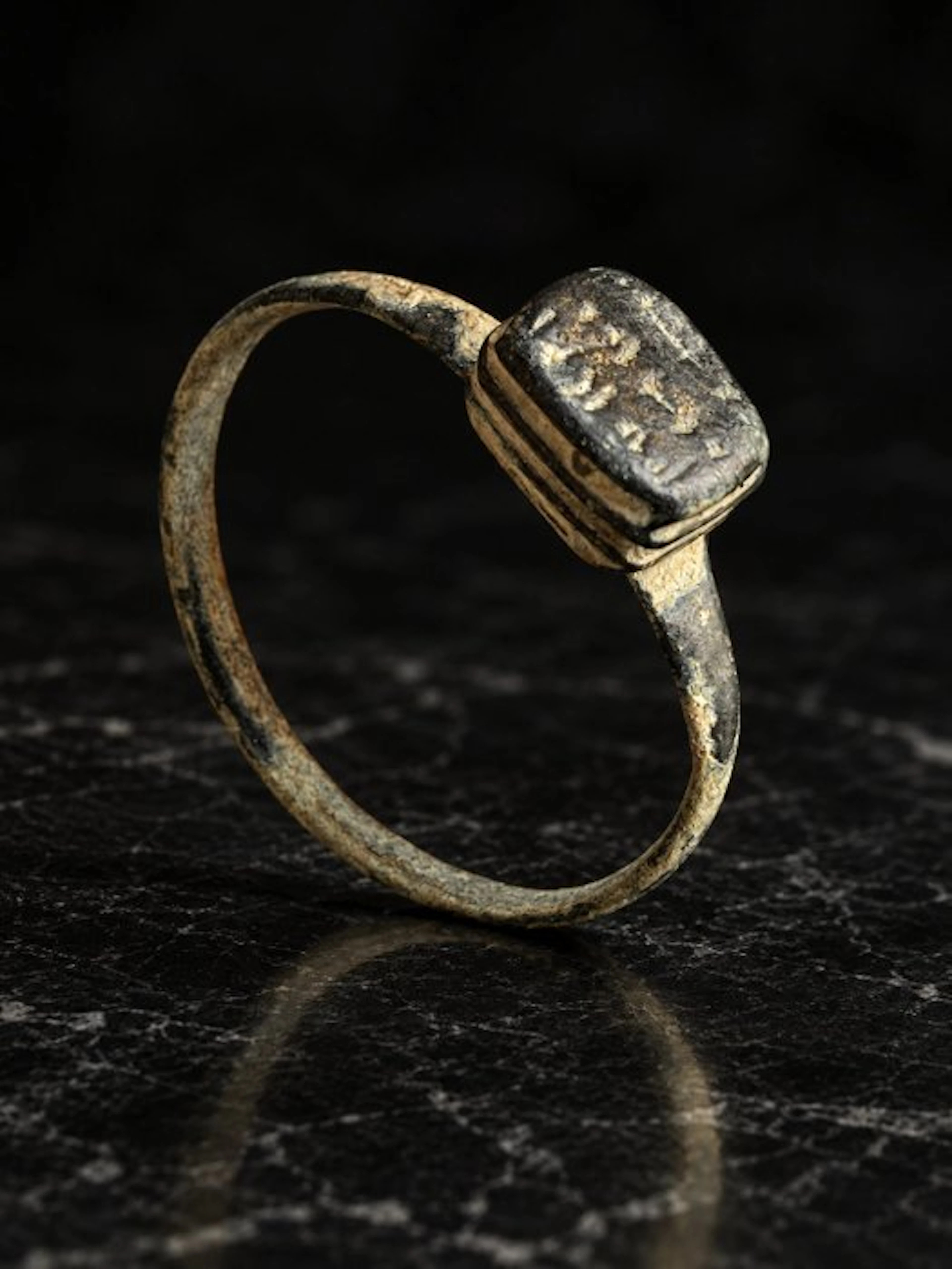 Medieval Bronze Ring with Dark Rectangular Inset 12th to...