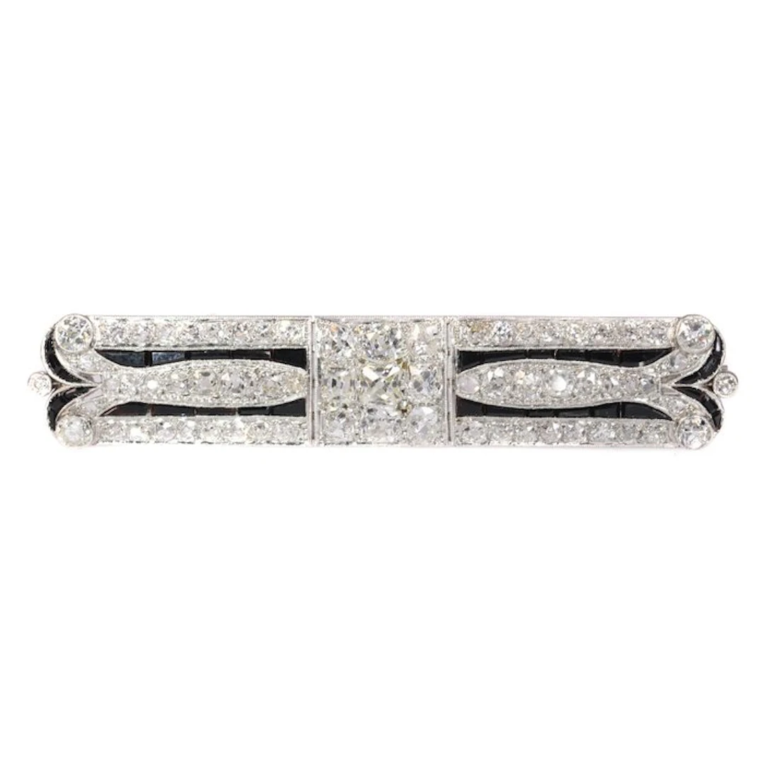 Brooch Platinum - 7.30ct. tw. - Diamond - Onyx, Art Deco 1920