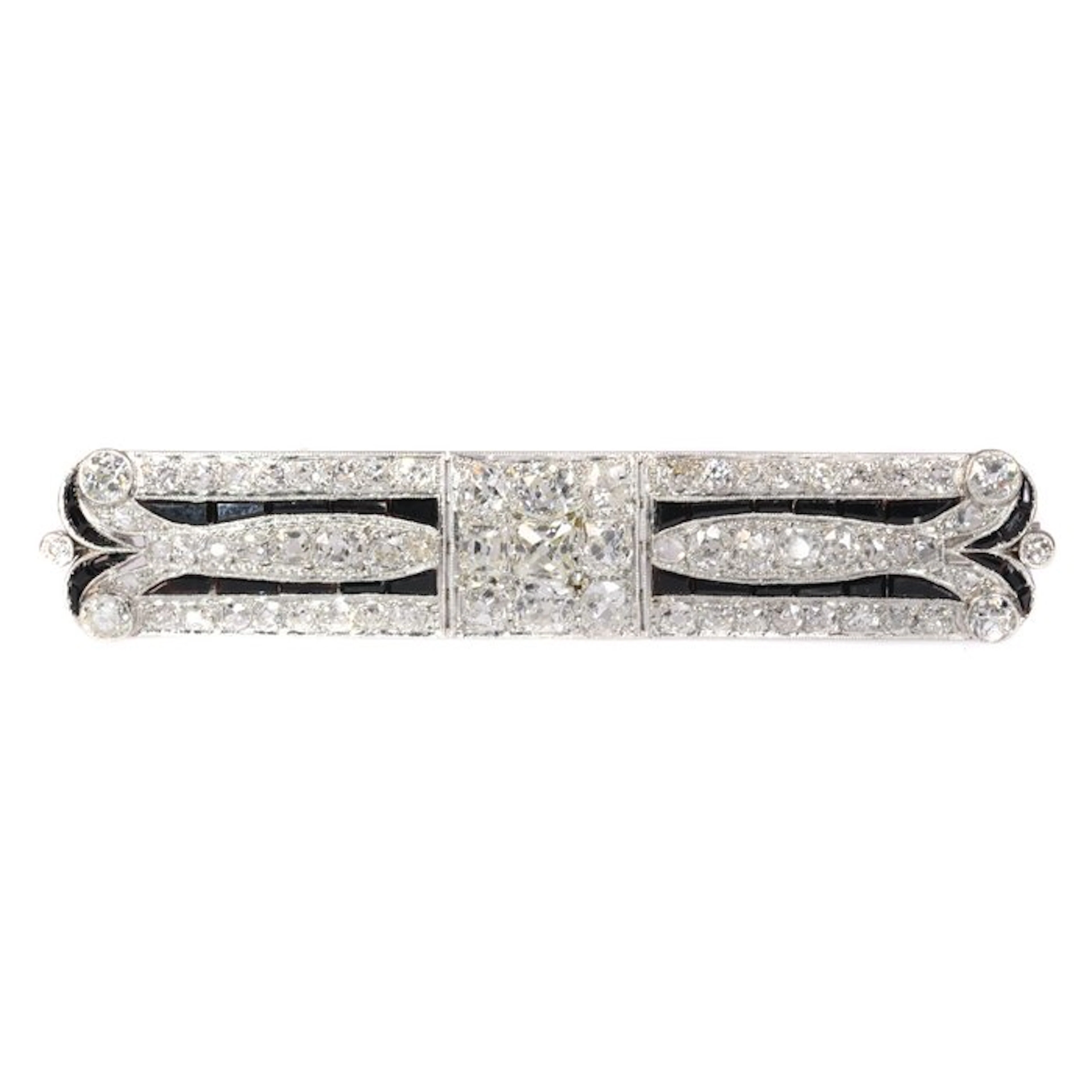 Brooch Platinum - 7.30ct. tw. - Diamond - Onyx, Art Deco 1920