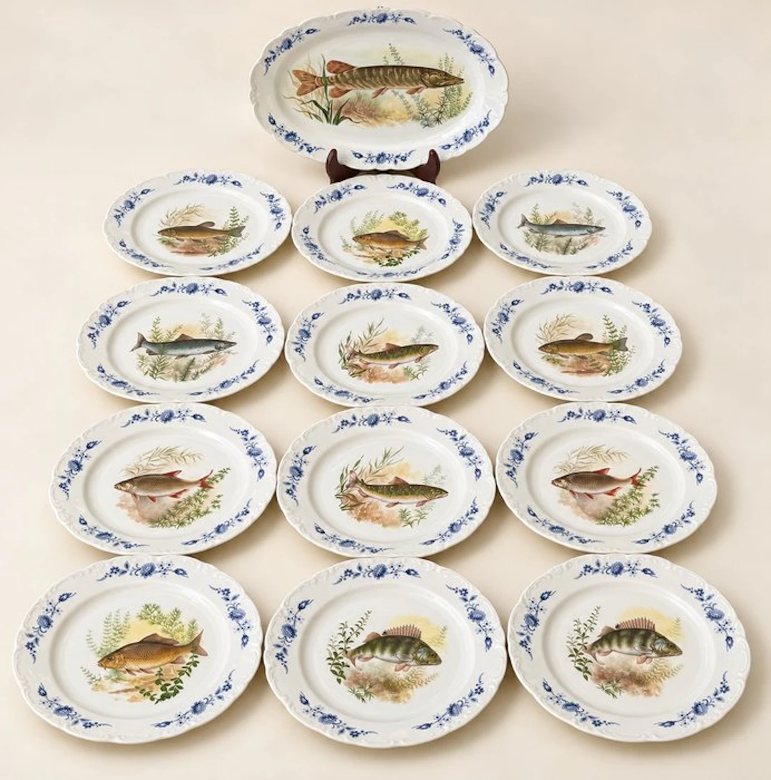 Table service for 12 (13) - Porcelain - Antique French fish servi