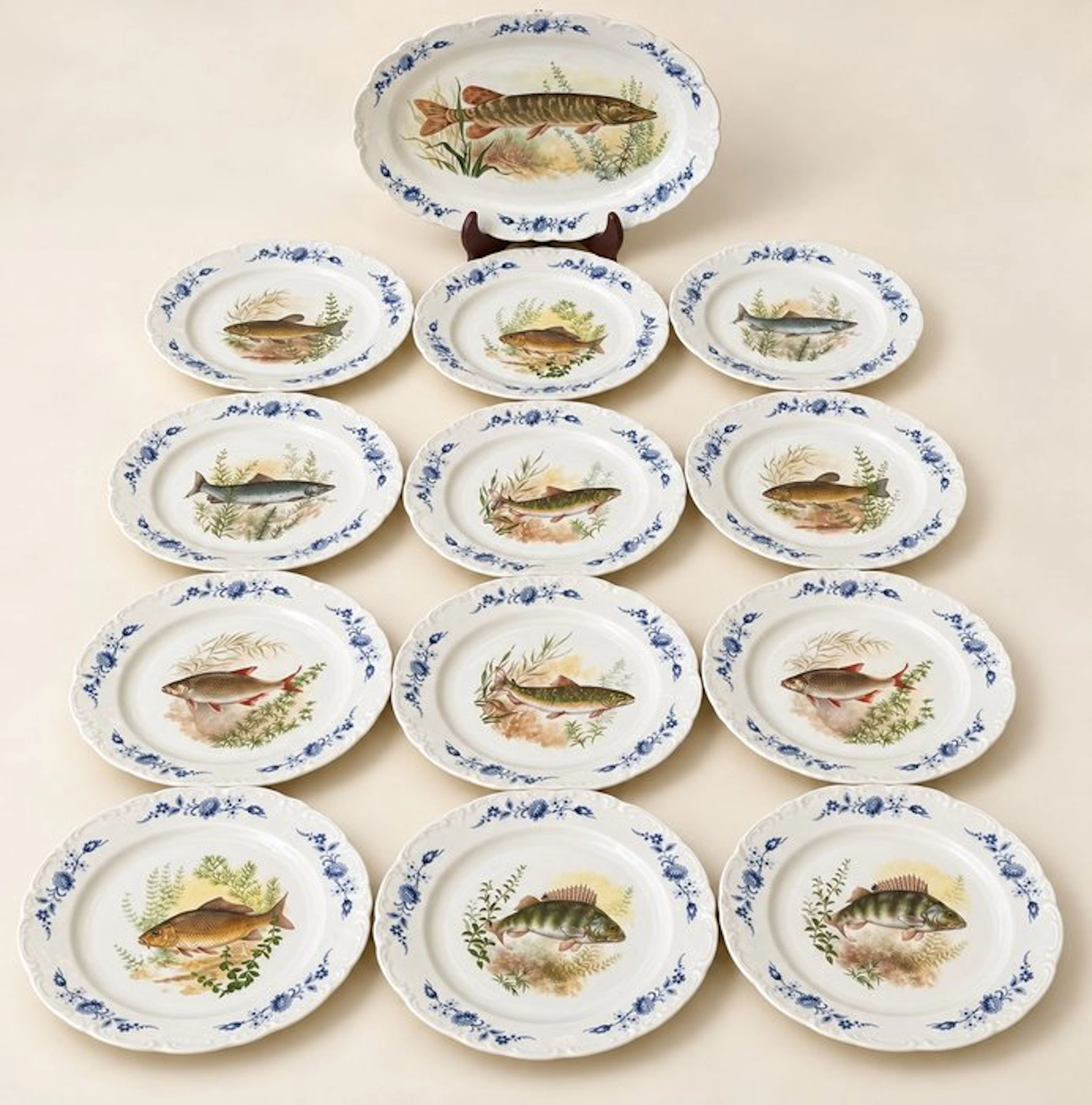 Table service for 12 (13) - Porcelain - Antique French fish servi