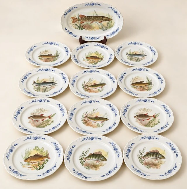 Table service for 12 (13) - Porcelain - Antique French fish servi