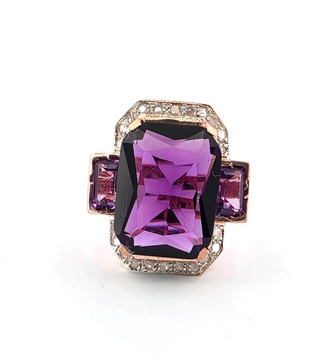 No reserve price - Ring - 9 kt. Rose gold, Silver Amethyst - Emerald