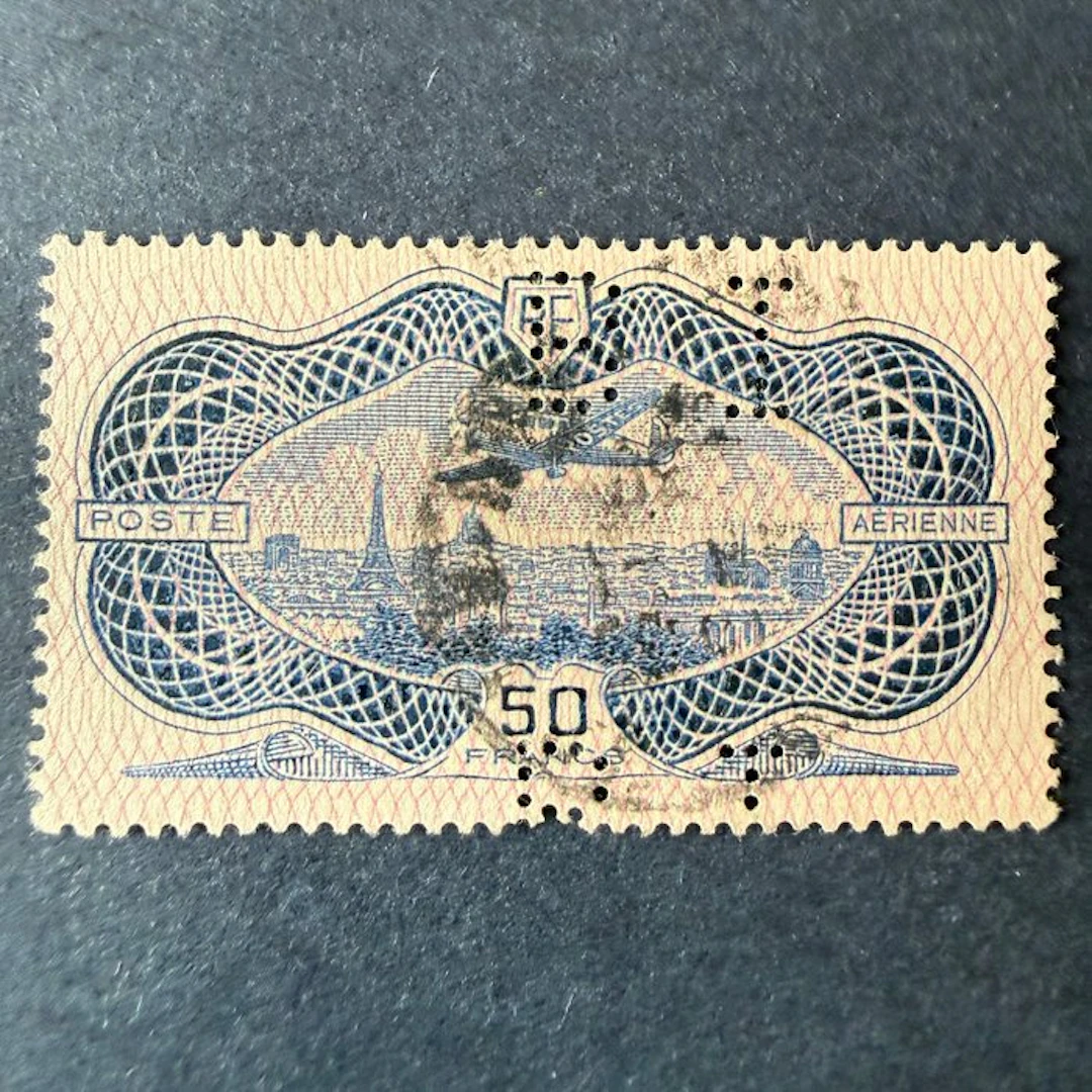 France - Air Mail Yvert 15 "Burelé" perforated – Bank of Indochina. Very Fine.