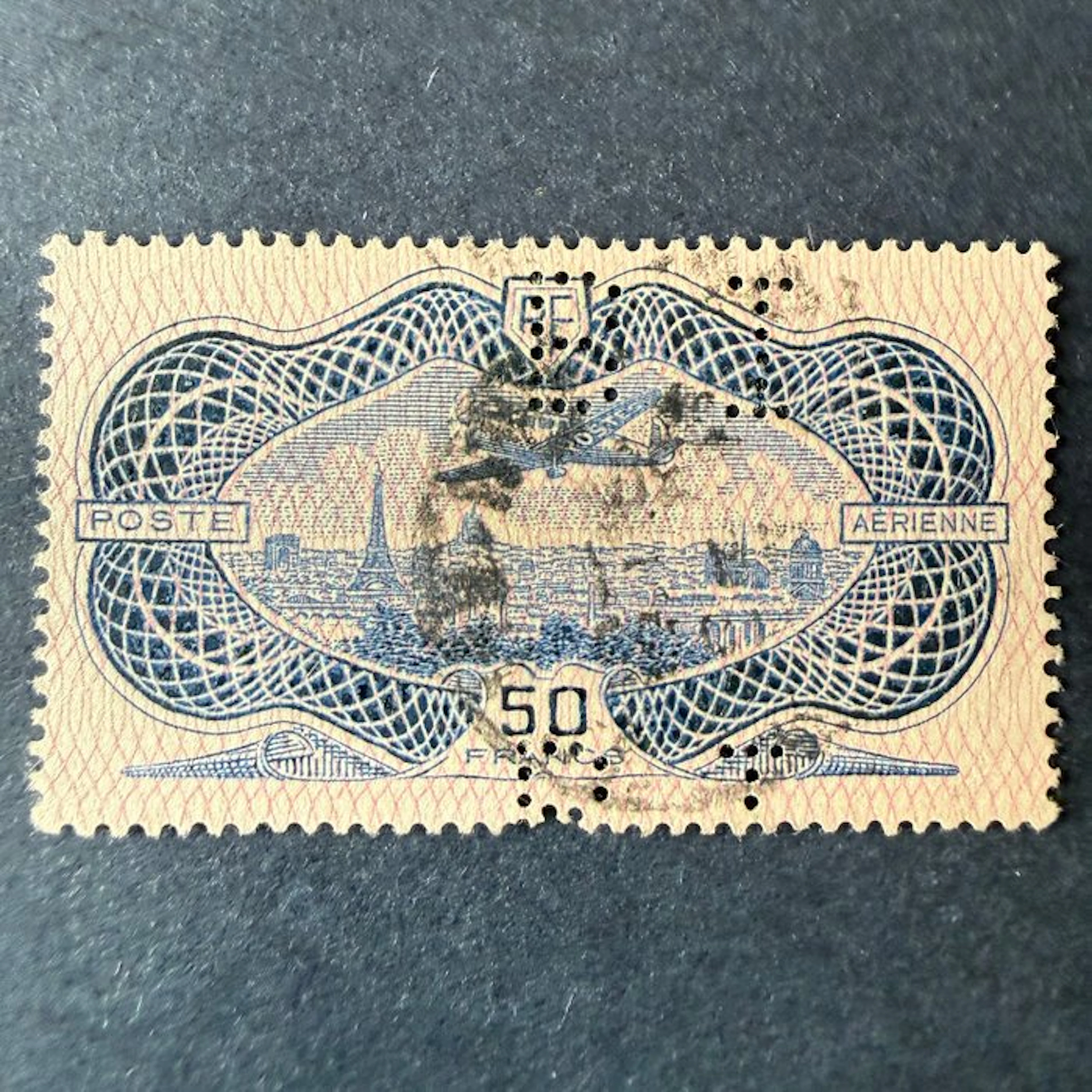 France - Air Mail Yvert 15 "Burelé" perforated – Bank of Indochina. Very Fine.