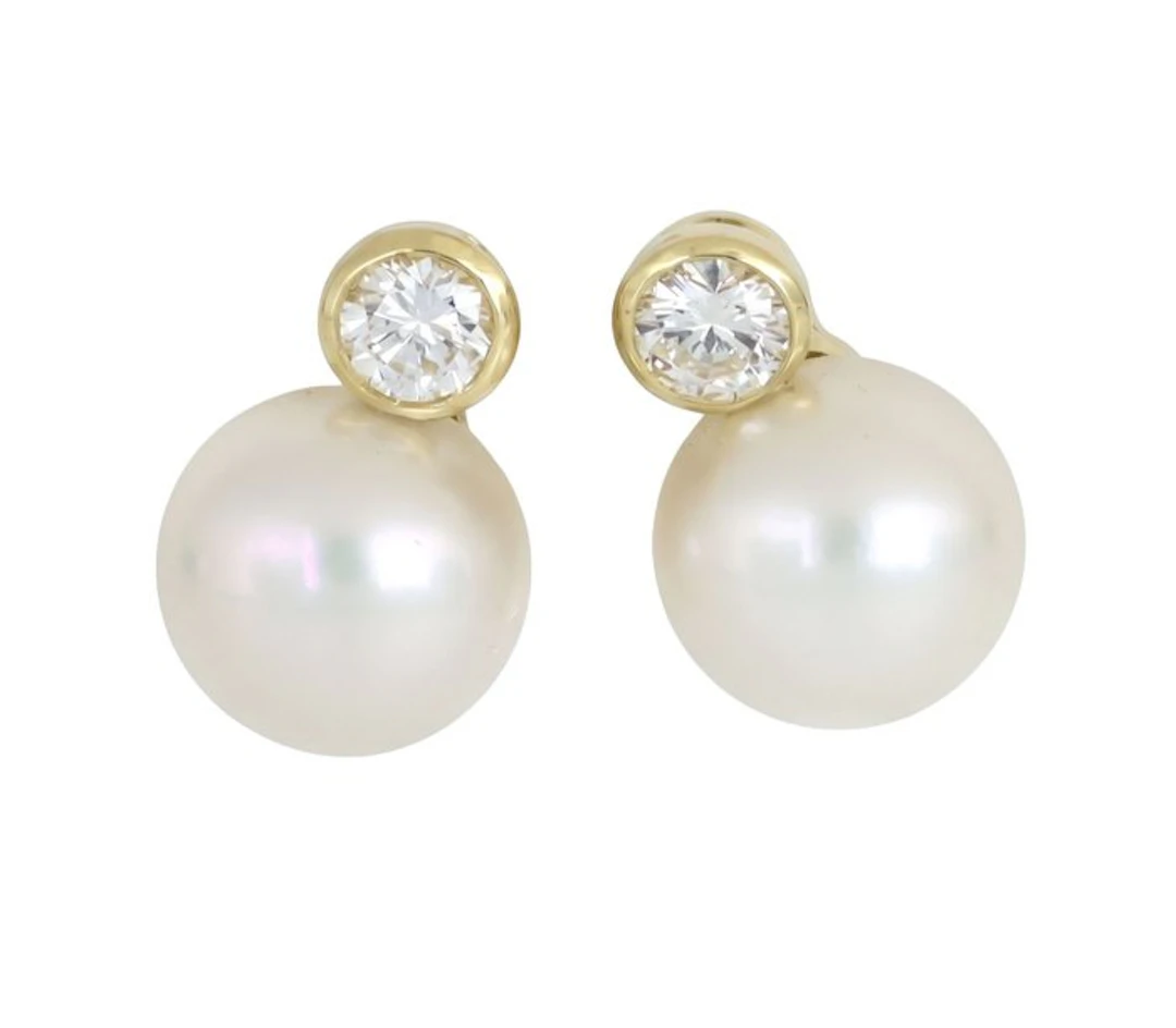 No reserve price - Earrings - 18 kt. Yellow gold Pearl - Diamond