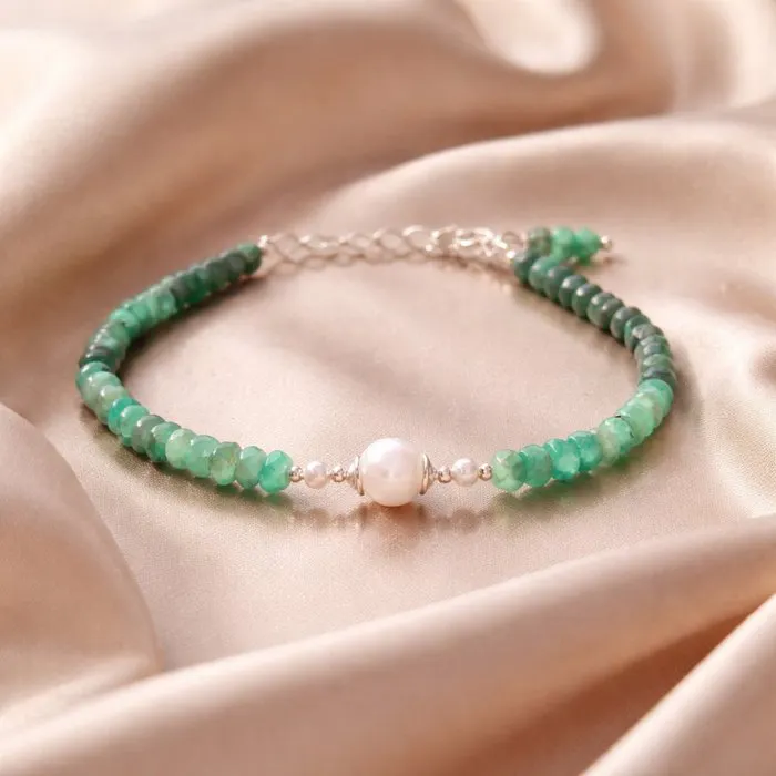 Pearl - Silver - Bracelet - Akoya pearls, emerald