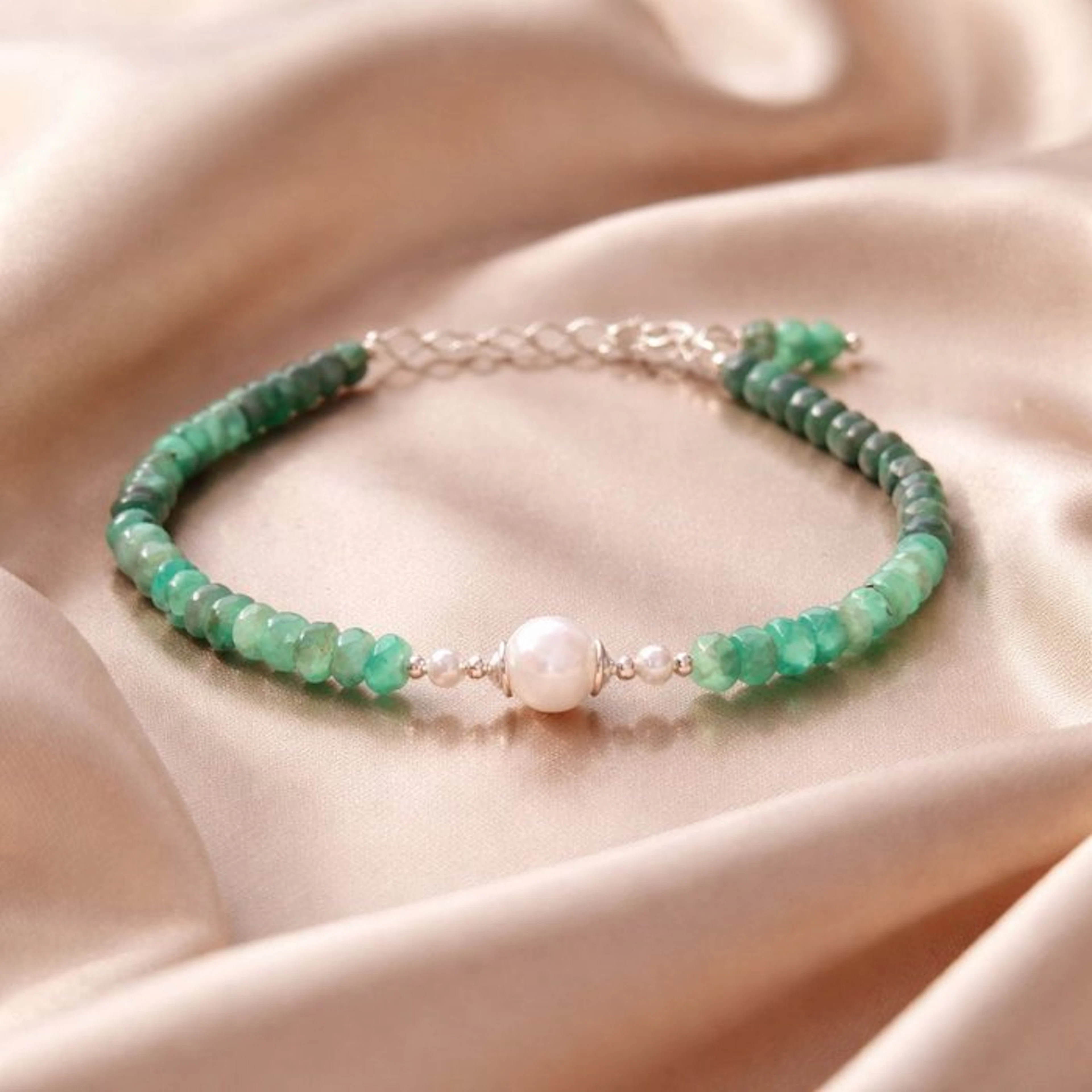 Pearl - Silver - Bracelet - Akoya pearls, emerald