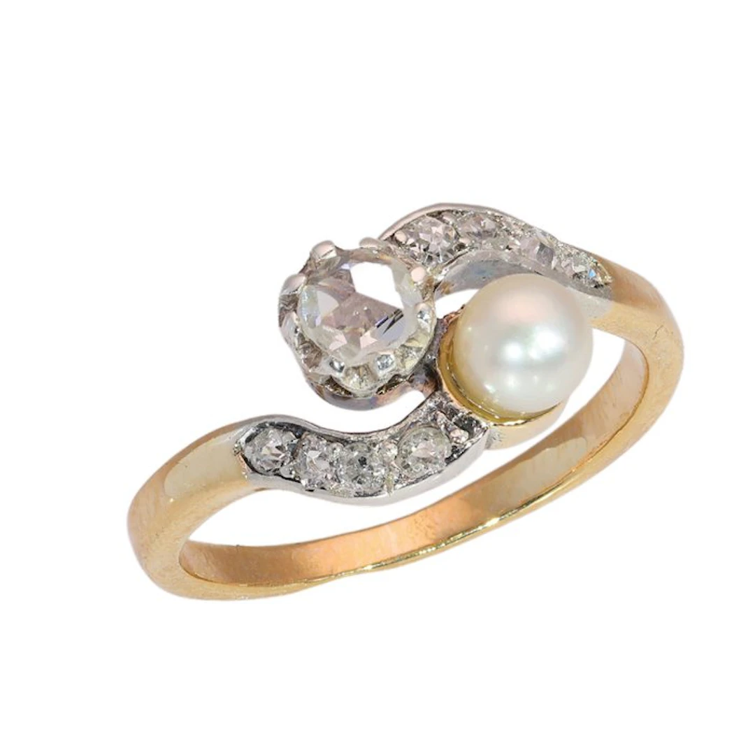 Ring - 18 kt. Yellow gold Diamond (Natural) - Pearl - Vintage antique 1900