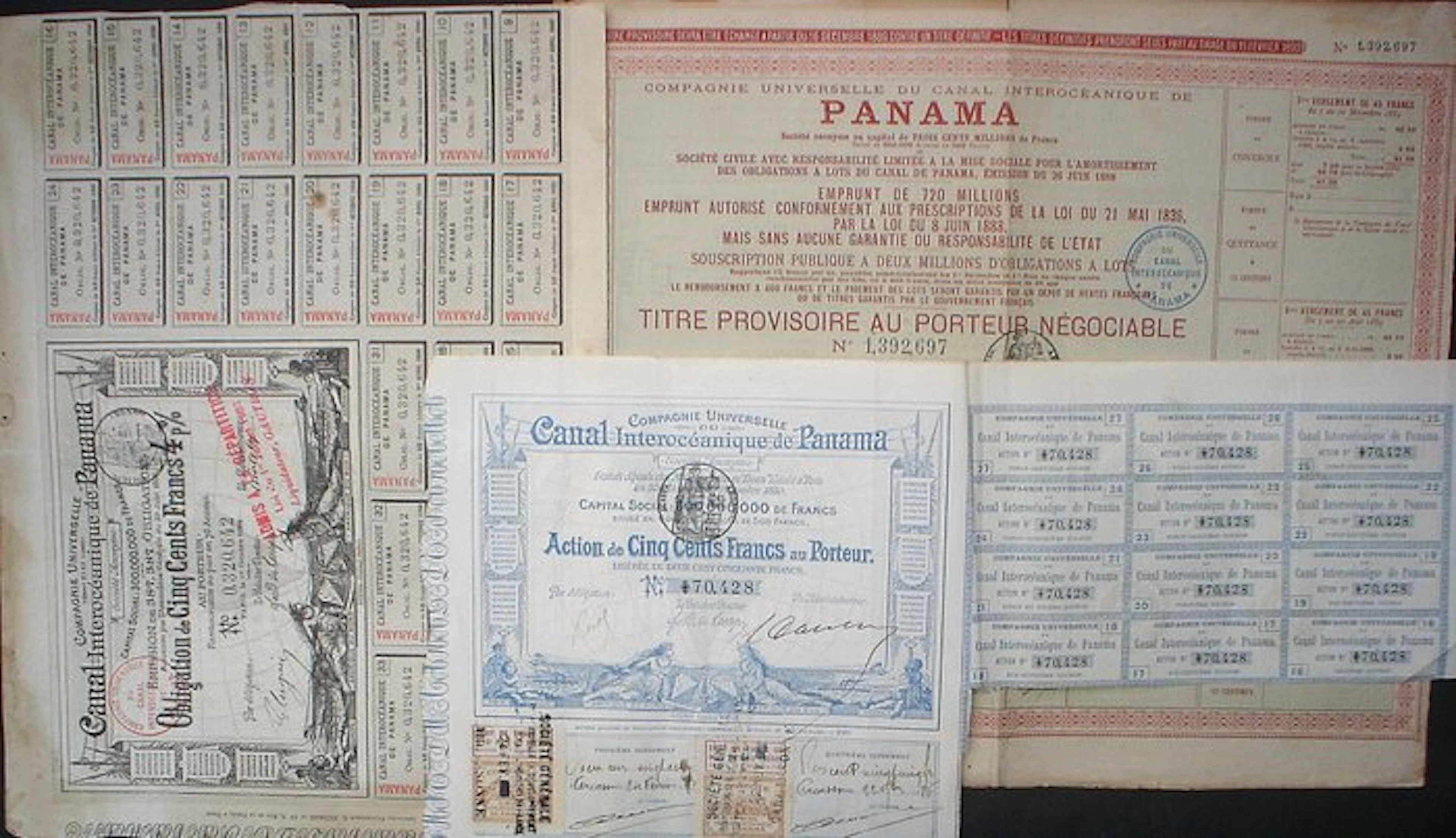 Panama. Obligation, Action + Titre Provisiere of the Panama Canal 1880 + 1888