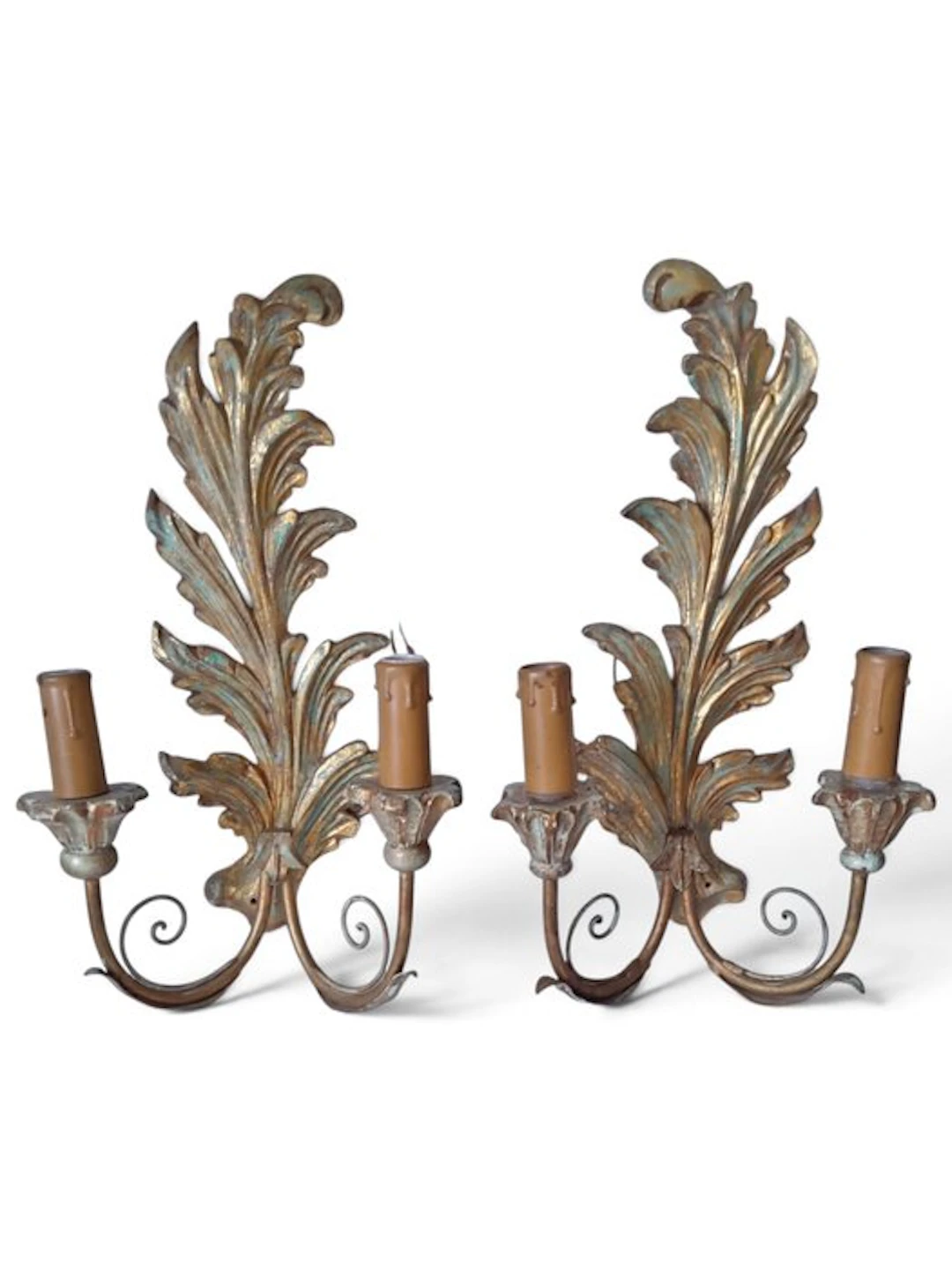 Candleholder (2) - wood, brass - Wooden wall candleholder