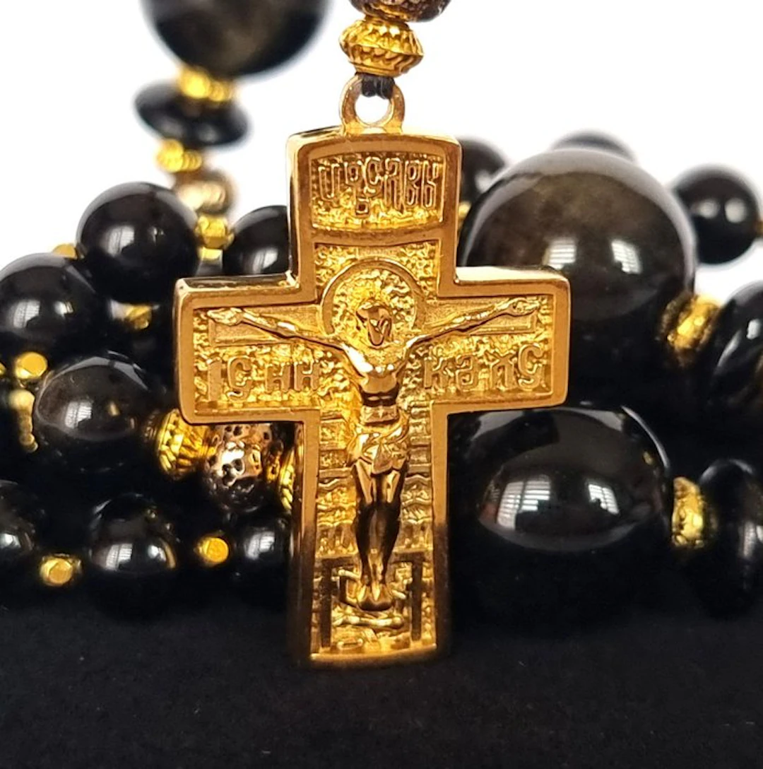 Silvered obsidian & pyrite - Orthodox rosary – Christ